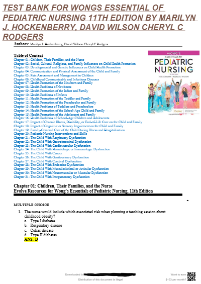 Test bank for Wong-s Essentials of Pediatric Nursing 11th Edition by Marilyn J. Hockenberry
