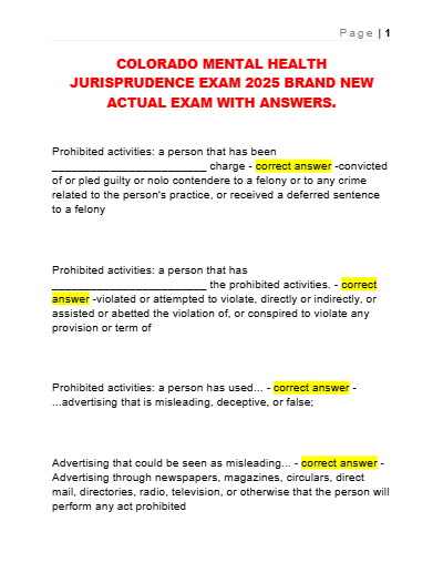 COLORADO MENTAL HEALTH JURISPRUDENCE EXAM STUDYGUIDE AND PREP QUESTIONS (A NEW UPDATED VERSION 2025