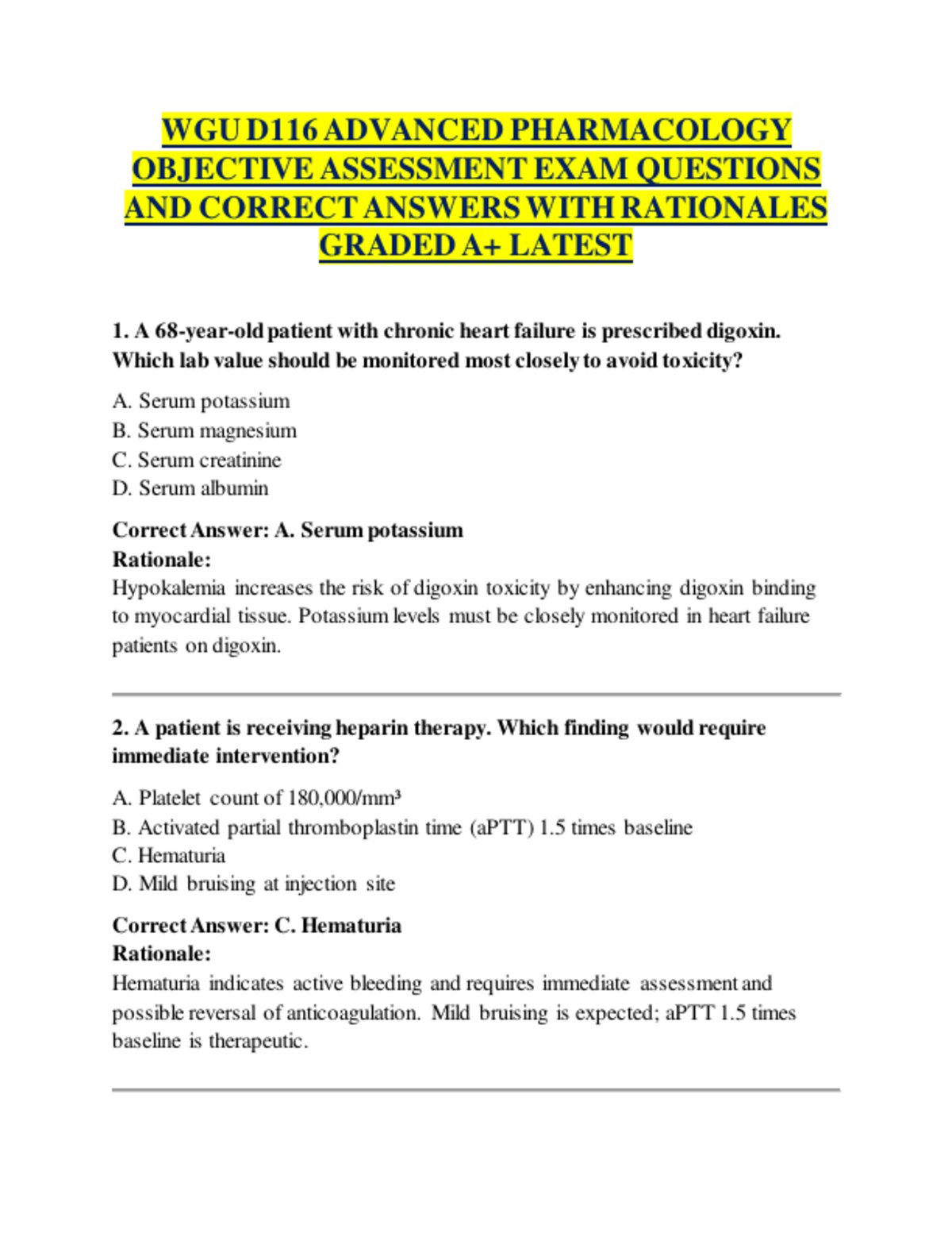 Wgu d116 advanced pharmacology objective assessment exam questions and correct answers with rationales graded a preview