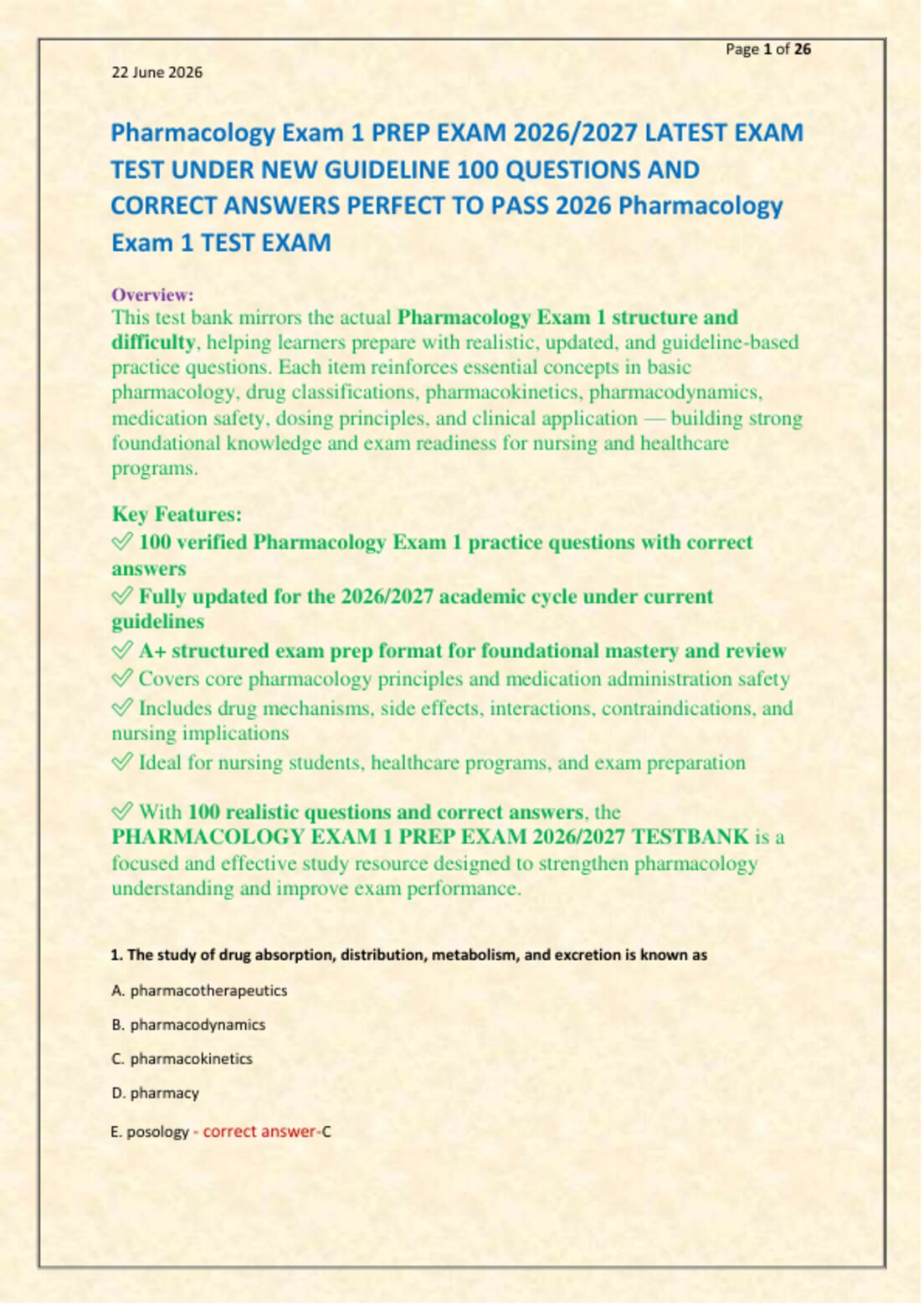 Pharmacology Exam 1 PREP EXAM 2026/2027 LATEST EXAM   TEST UNDER NEW GUIDELINE 100 QUESTIONS AND   CORRECT ANSWERS PERFECT TO PASS 2026 Pharmacology  Exam 1 TEST EXAM preview