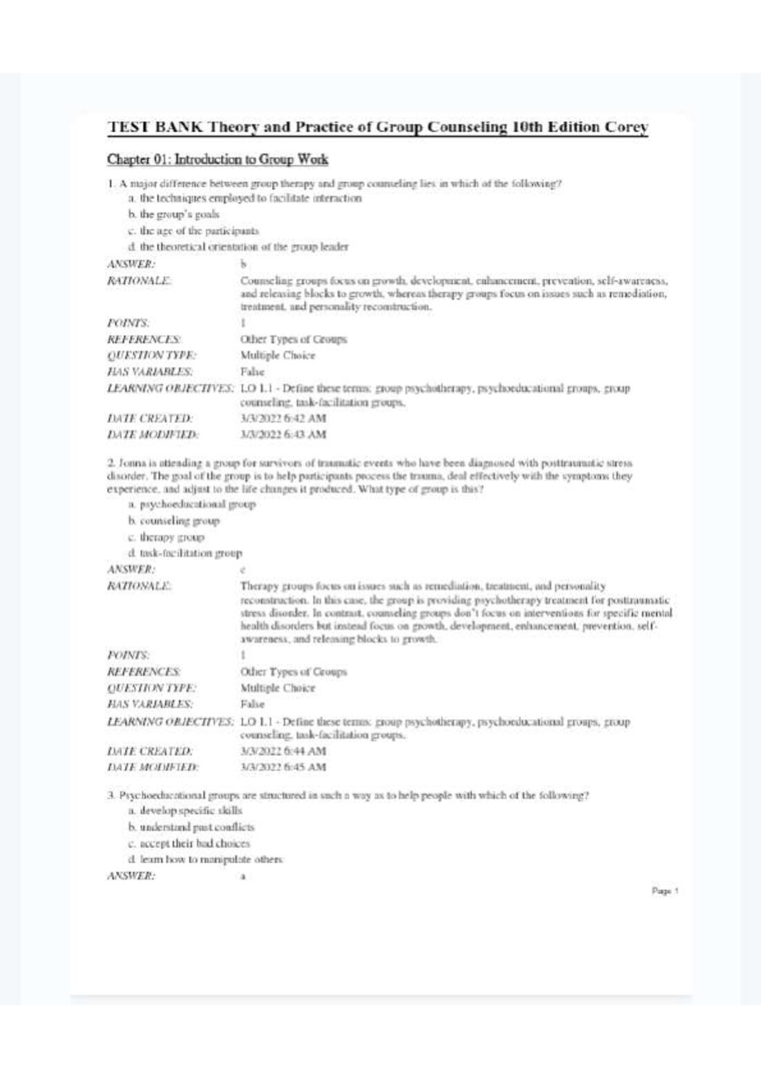 Test Bank For Theory and Practice of Group Counseling 10th Edition by Gerald Corey