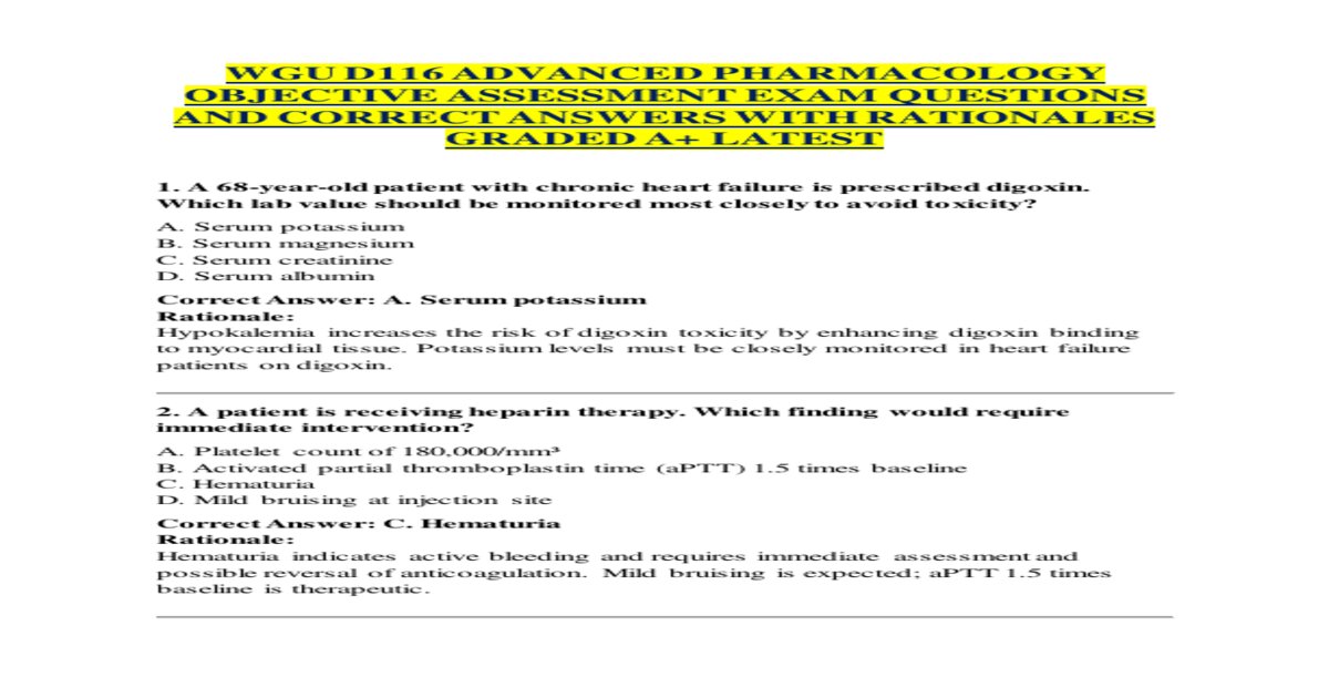 Wgu d116 advanced pharmacology objective assessment exam questions and correct answers with rationales graded A
