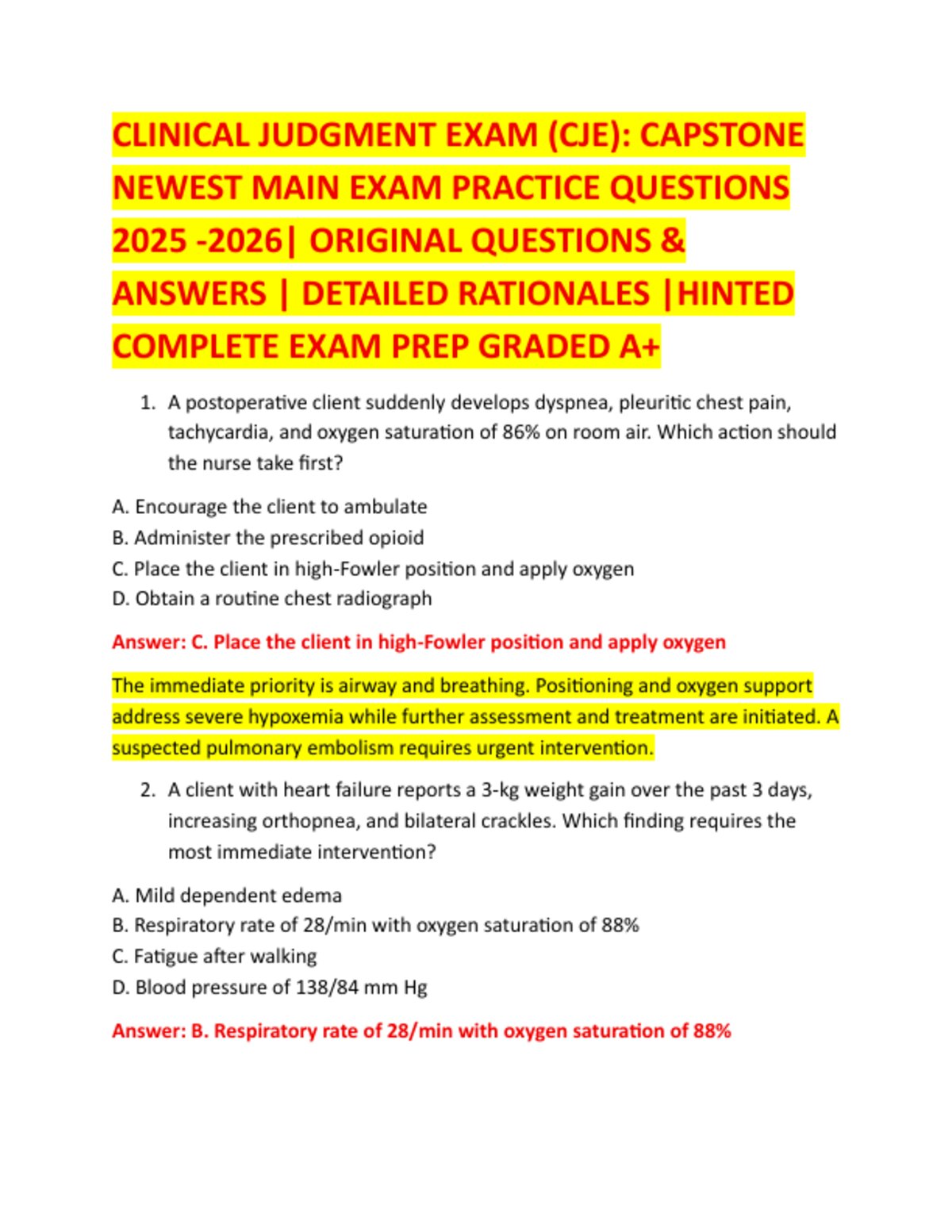 CLINICAL JUDGMENT EXAM (CJE): CAPSTONE  NEWEST MAIN EXAM PRACTICE QUESTIONS  2025 -2026| ORIGINAL QUESTIONS &  ANSWERS | DETAILED RATIONALES |HINTED  COMPLETE EXAM PREP GRADED A+ preview
