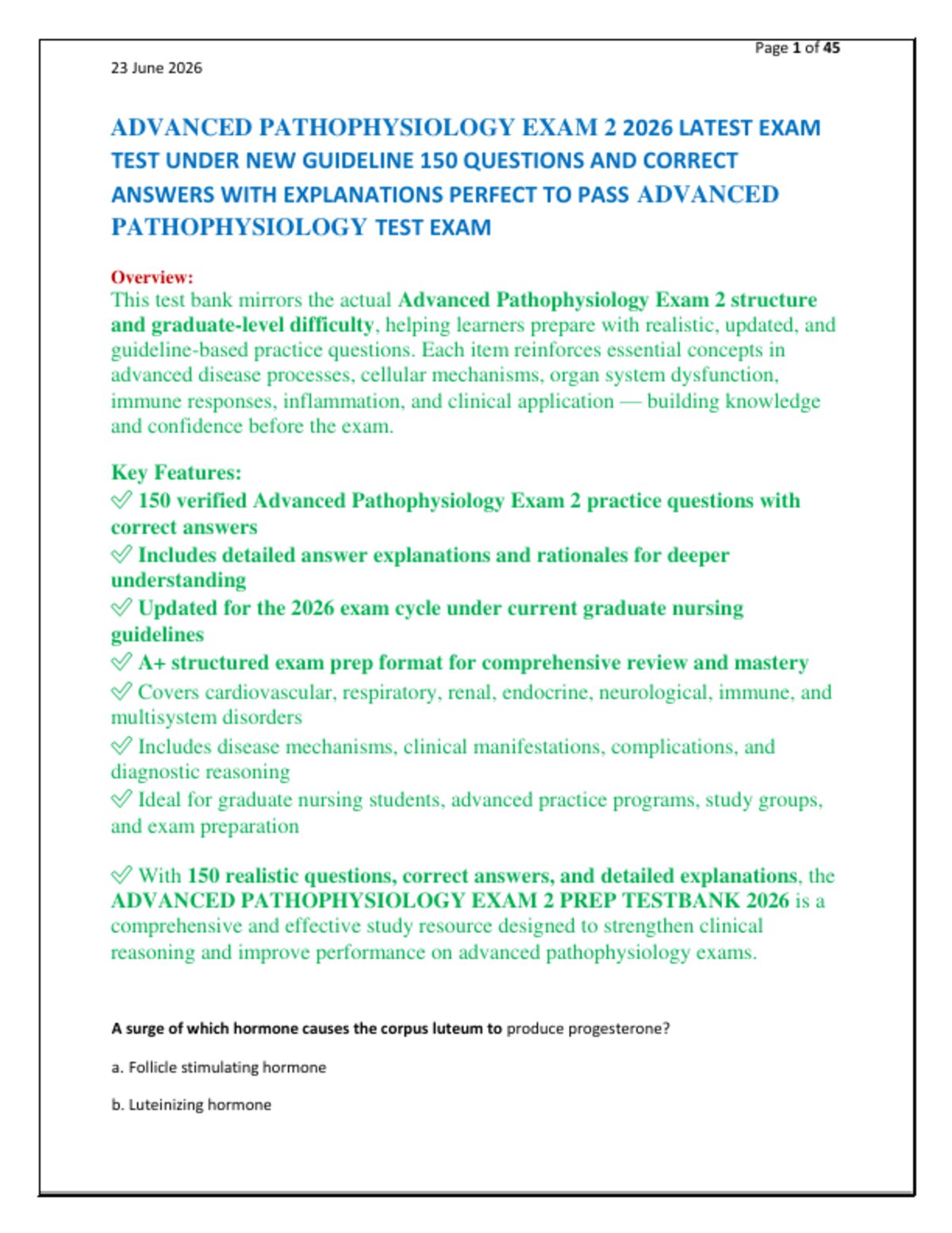 ADVANCED PATHOPHYSIOLOGY EXAM 2 2026 LATEST EXAM  TEST UNDER NEW GUIDELINE 150 QUESTIONS AND CORRECT  ANSWERS WITH EXPLANATIONS PERFECT TO PASS ADVANCED  PATHOPHYSIOLOGY TEST EXAM