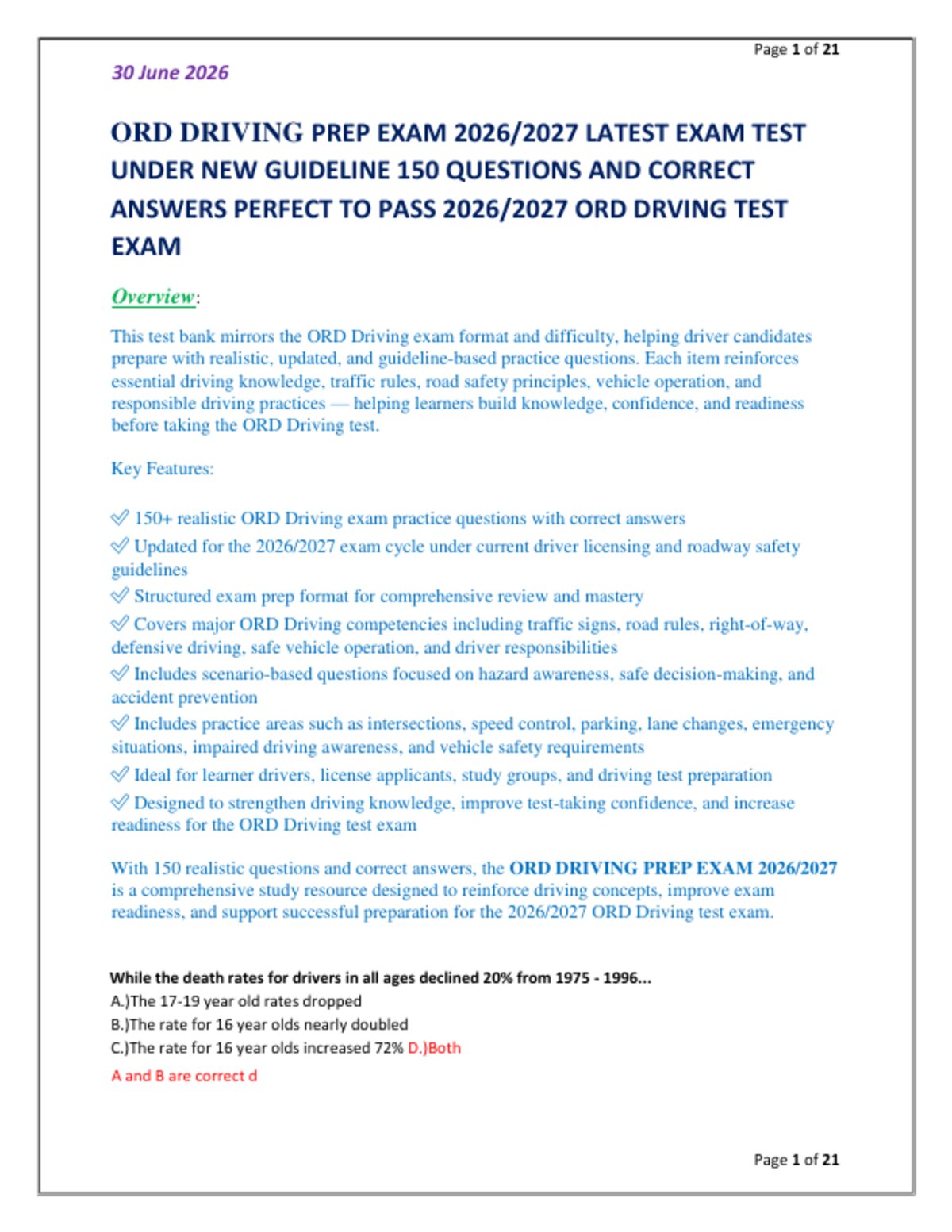 ORD DRIVING PREP EXAM 2026/2027 LATEST EXAM TEST   UNDER NEW GUIDELINE 150 QUESTIONS AND CORRECT   ANSWERS PERFECT TO PASS 2026/2027 ORD DRVING TEST  EXAM