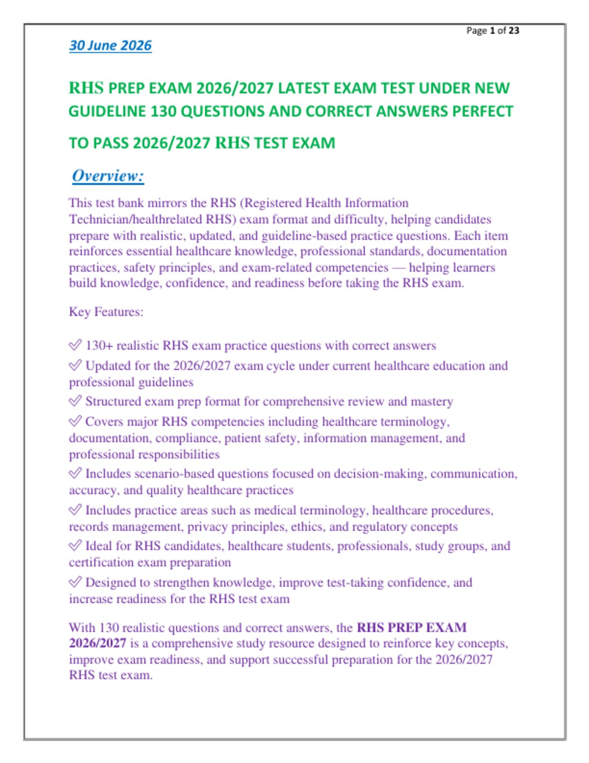 RHS PREP EXAM 2026/2027 LATEST EXAM TEST UNDER NEW   GUIDELINE 130 QUESTIONS AND CORRECT ANSWERS PERFECT  TO PASS 2026/2027 RHS TEST EXAM
