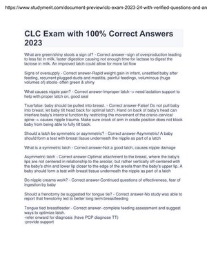 CLC Exam 2023-2024 Questions and Answers | Verified | Certified Lactation Counselor Exam Prep | 100% Accurate