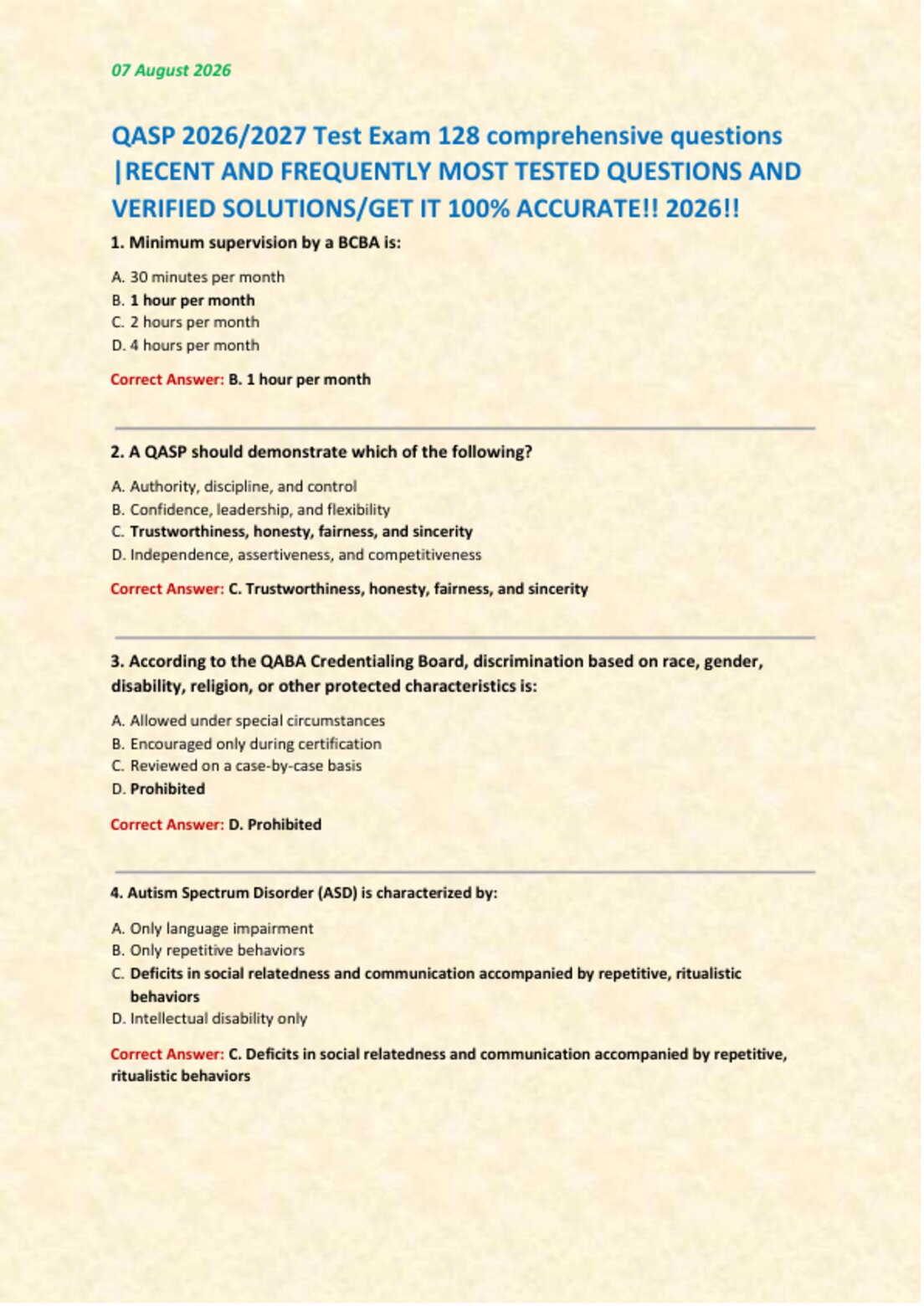 QASP 2026/2027 Test Exam 128 comprehensive questions  |RECENT AND FREQUENTLY MOST TESTED QUESTIONS AND  VERIFIED SOLUTIONS/GET IT 100% ACCURATE!! 2026!!