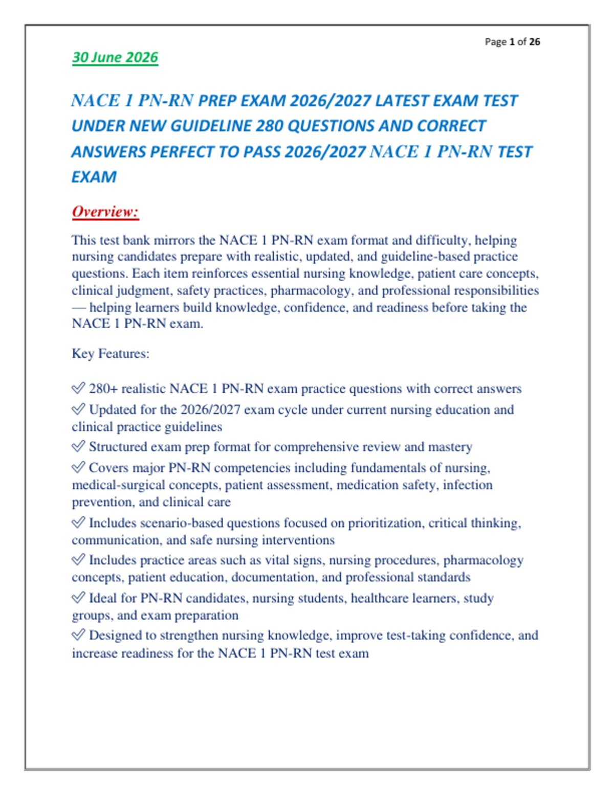 NACE 1 PN-RN PREP EXAM 2026/2027 LATEST EXAM TEST   UNDER NEW GUIDELINE 280 QUESTIONS AND CORRECT   ANSWERS PERFECT TO PASS 2026/2027 NACE 1 PN-RN TEST   EXAM