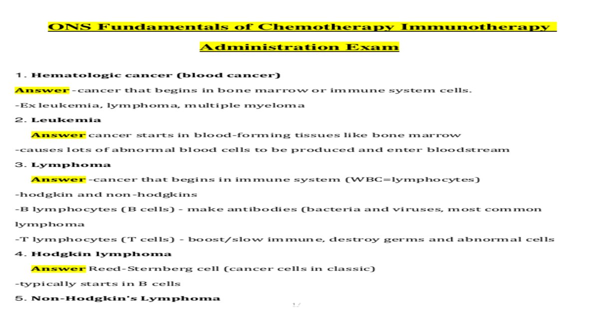 Ons fundamentals of chemotherapy immunotherapy administration exam 2025 questions and answers