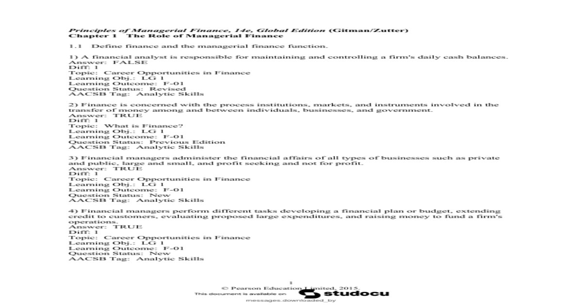 Test Bank — Principles of Managerial Finance, Global Edition, 14th Edition (Gitman, Zutter, 2014) | All Chapters 1-19 Covered