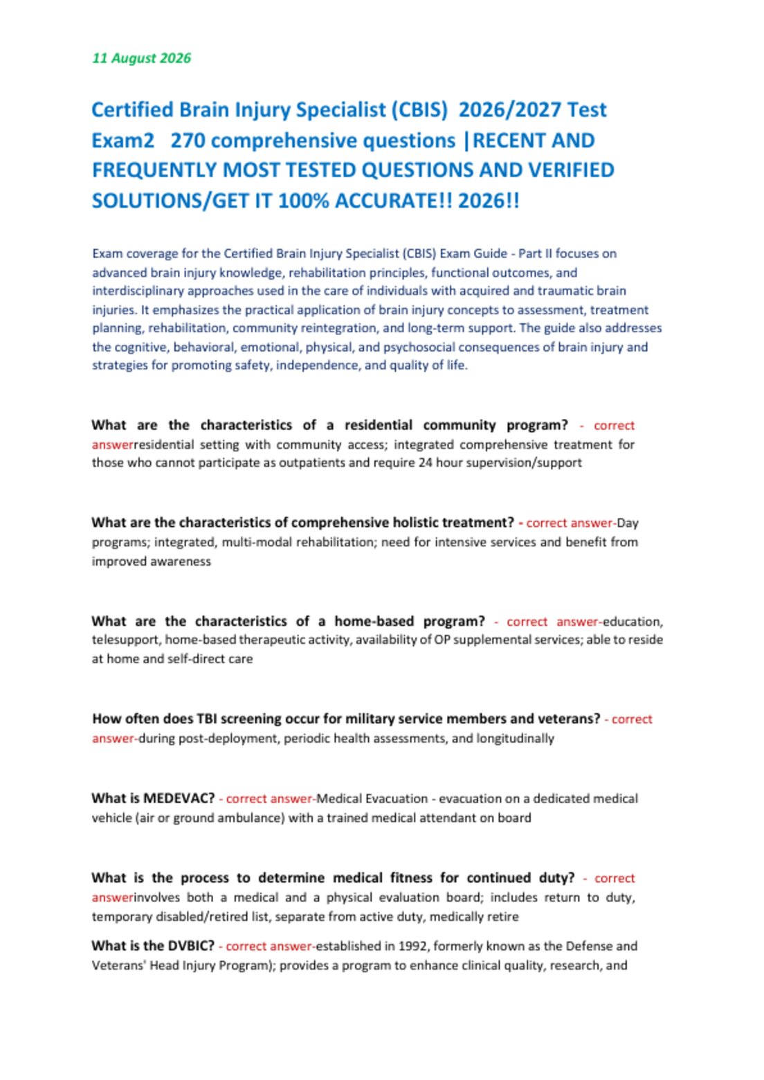 Certified Brain Injury Specialist (CBIS)  2026/2027 Test   Exam2   270 comprehensive questions |RECENT AND  FREQUENTLY MOST TESTED QUESTIONS AND VERIFIED  SOLUTIONS/GET IT 100% ACCURATE!! 2026!!