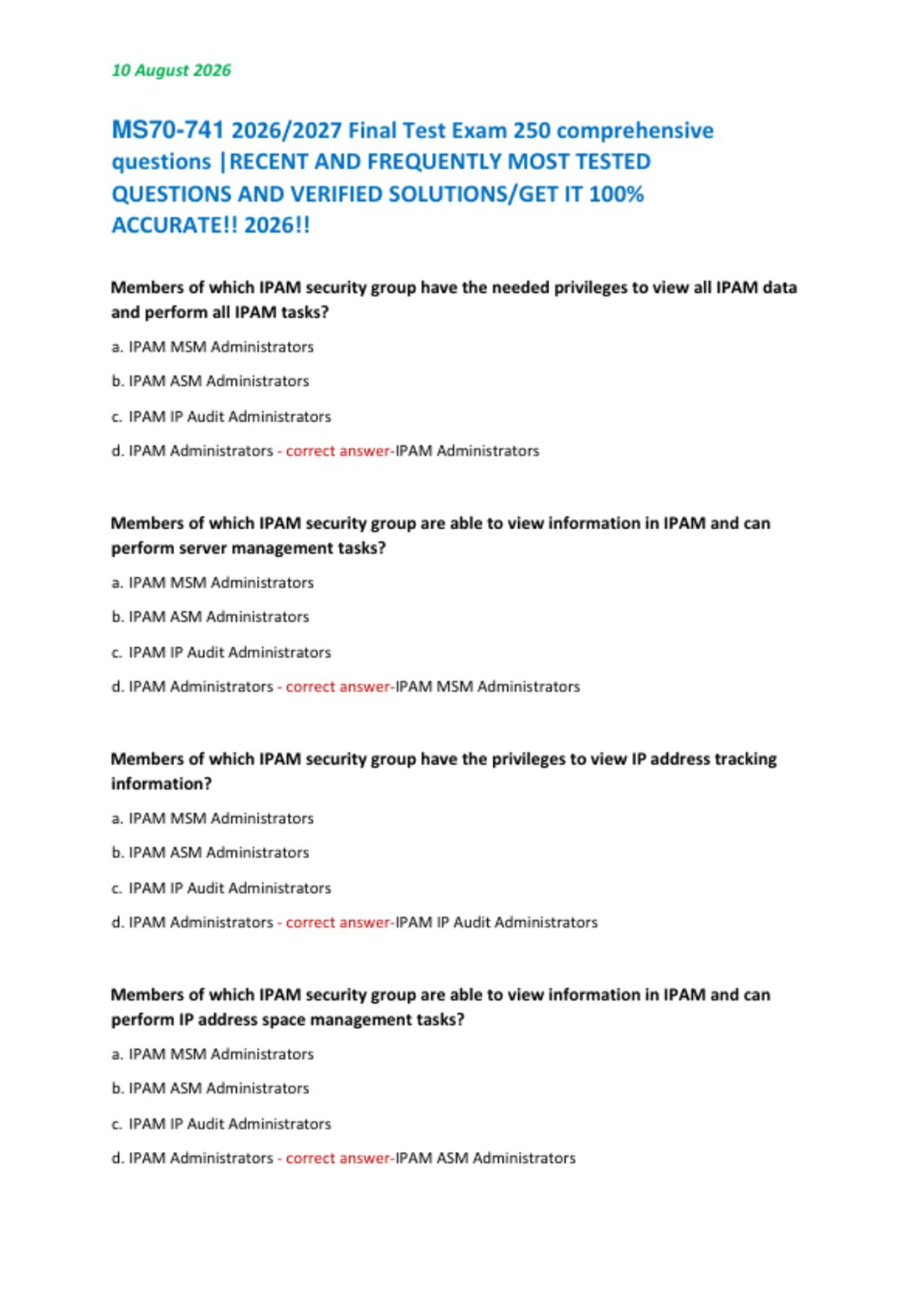 MS70-741 2026/2027 Final Test Exam 250 comprehensive  questions |RECENT AND FREQUENTLY MOST TESTED  QUESTIONS AND VERIFIED SOLUTIONS/GET IT 100%  ACCURATE!! 2026!!