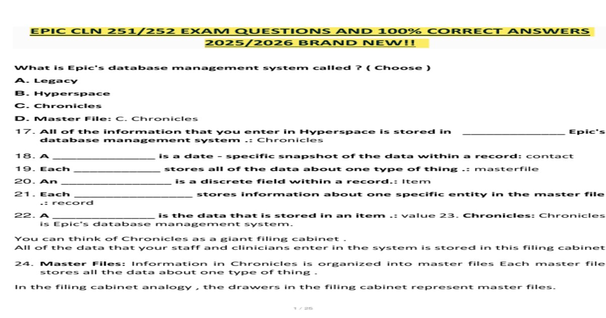 Epic cln 251 252 exam questions and 100 correct answers 2025