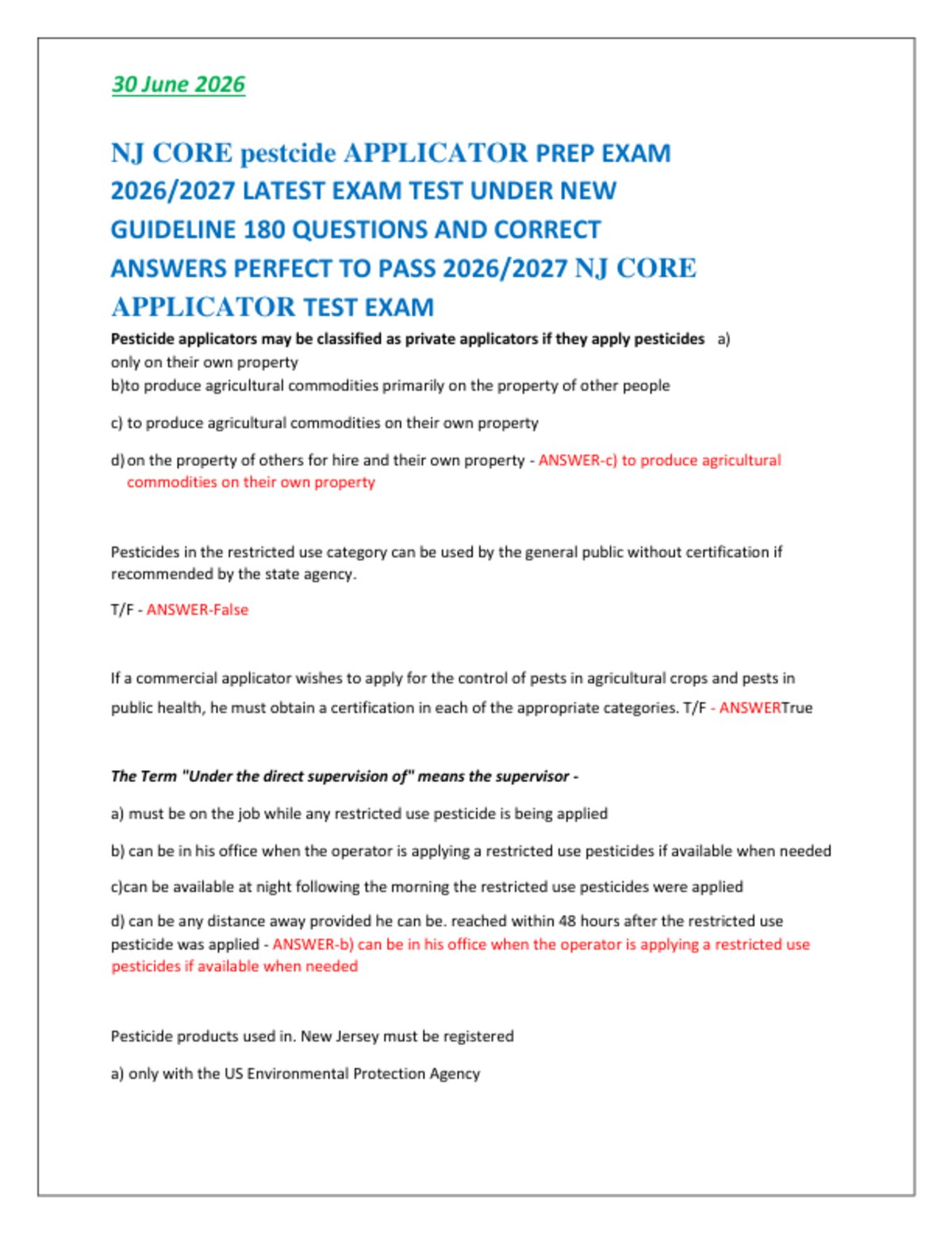 NJ CORE pestcide APPLICATOR PREP EXAM   2026/2027 LATEST EXAM TEST UNDER NEW   GUIDELINE 180 QUESTIONS AND CORRECT   ANSWERS PERFECT TO PASS 2026/2027 NJ CORE  APPLICATOR TEST EXAM