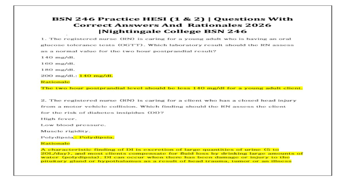 Bsn 246 practice hesi 1 2 questions with correct answers and rationales 2026 nightingale college bsn 246