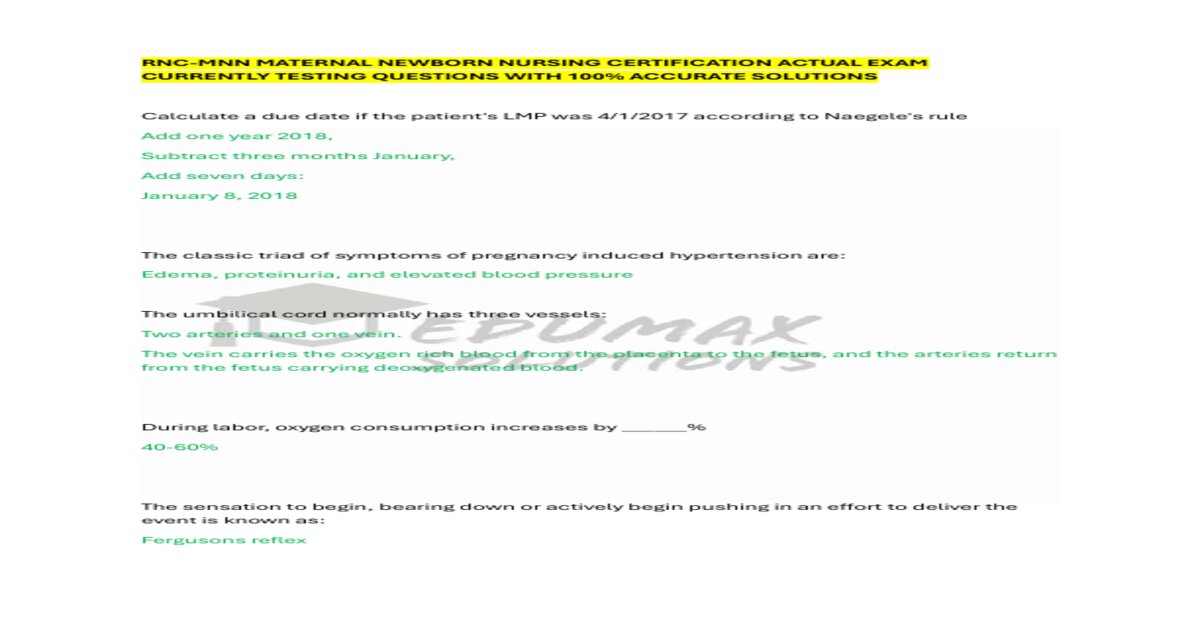 Rnc mnn maternal newborn nursing certification actual exam currently testing questions with 100 accurate solutions