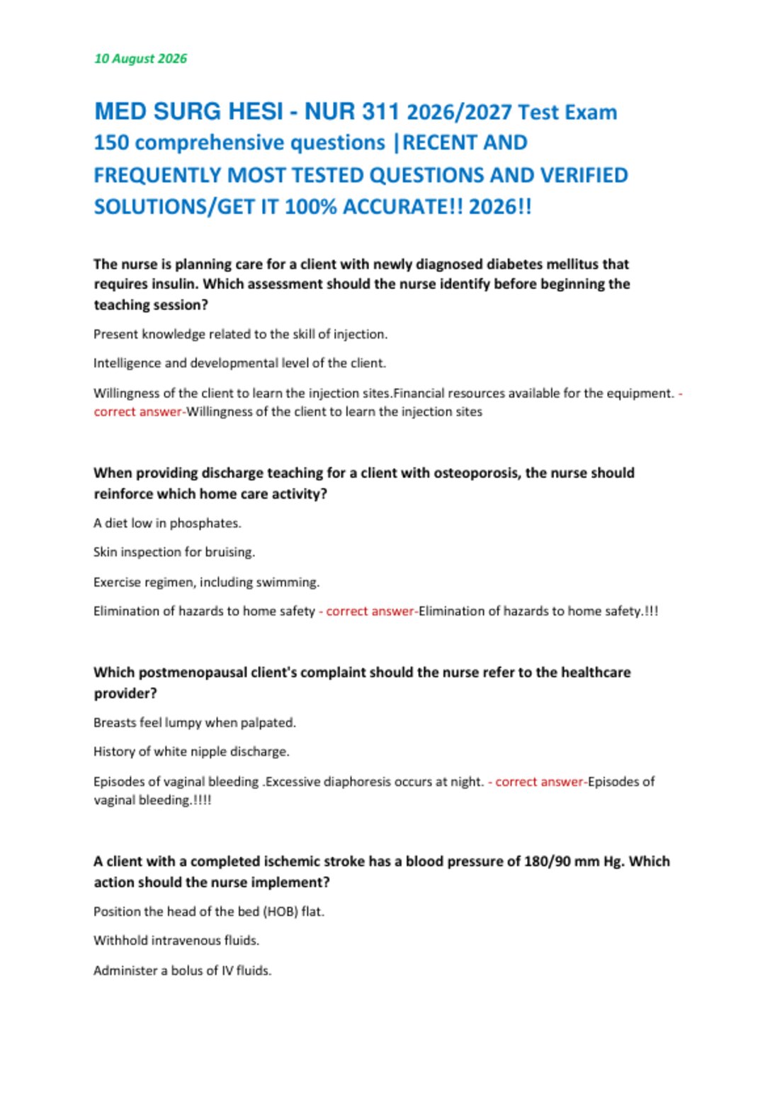 MED SURG HESI - NUR 311 2026/2027 Test Exam   150 comprehensive questions |RECENT AND   FREQUENTLY MOST TESTED QUESTIONS AND VERIFIED  SOLUTIONS/GET IT 100% ACCURATE!! 2026!!