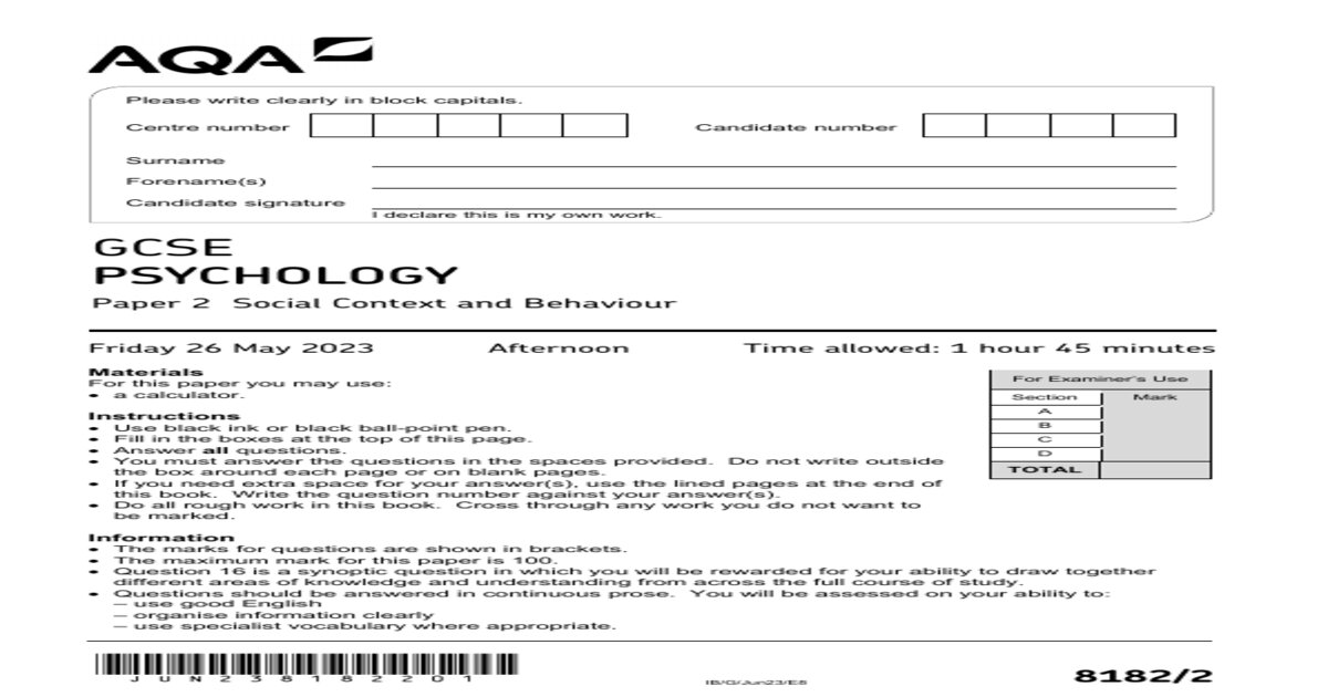 AQA GCSE Psychology Paper 2 Social Context and Behaviour 8182-2 Exam Questions with Correct Answers (2)