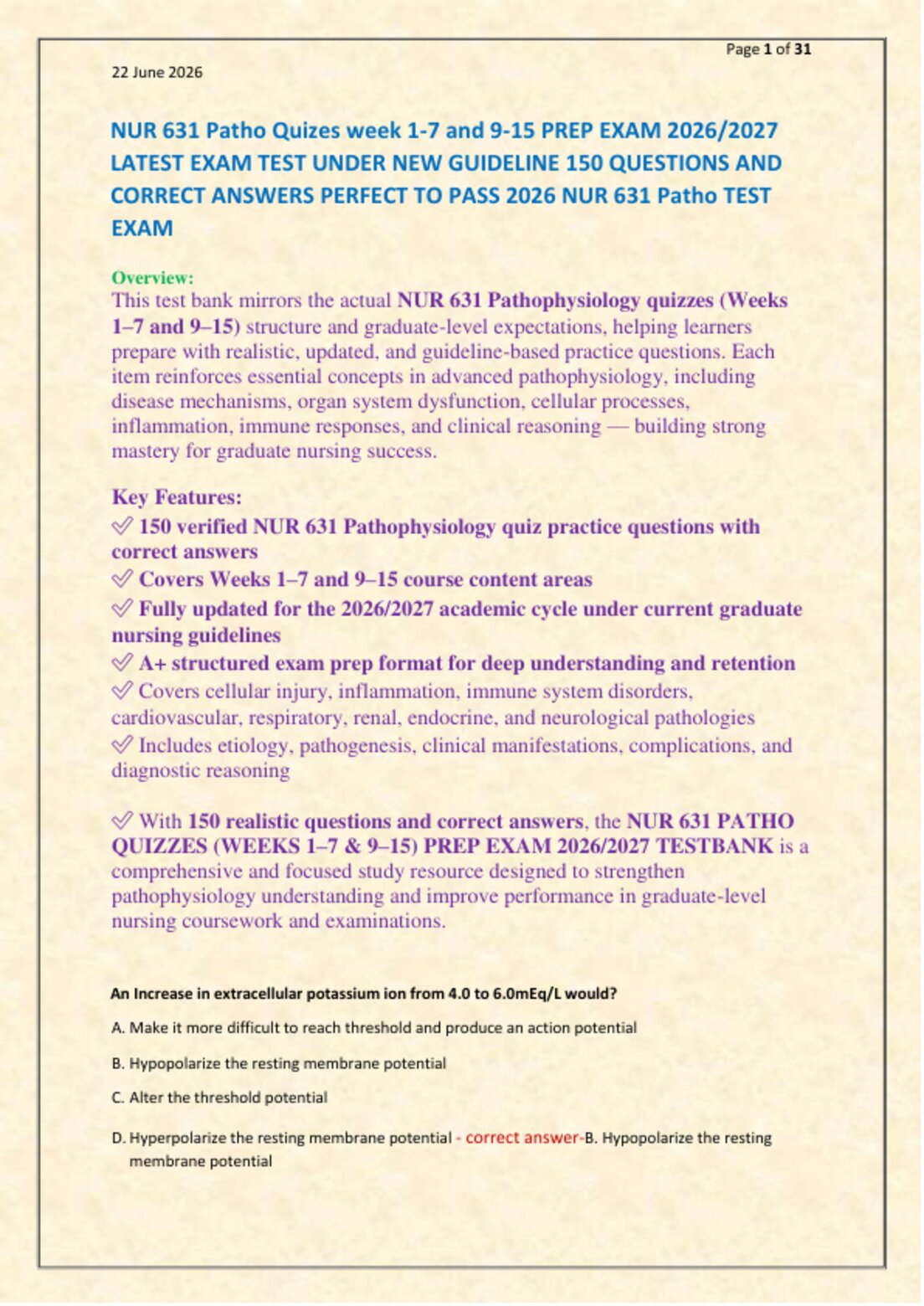 NUR 631 Patho Quizes week 1-7 and 9-15 PREP EXAM 2026/2027   LATEST EXAM TEST UNDER NEW GUIDELINE 150 QUESTIONS AND   CORRECT ANSWERS PERFECT TO PASS 2026 NUR 631 Patho TEST  EXAM preview