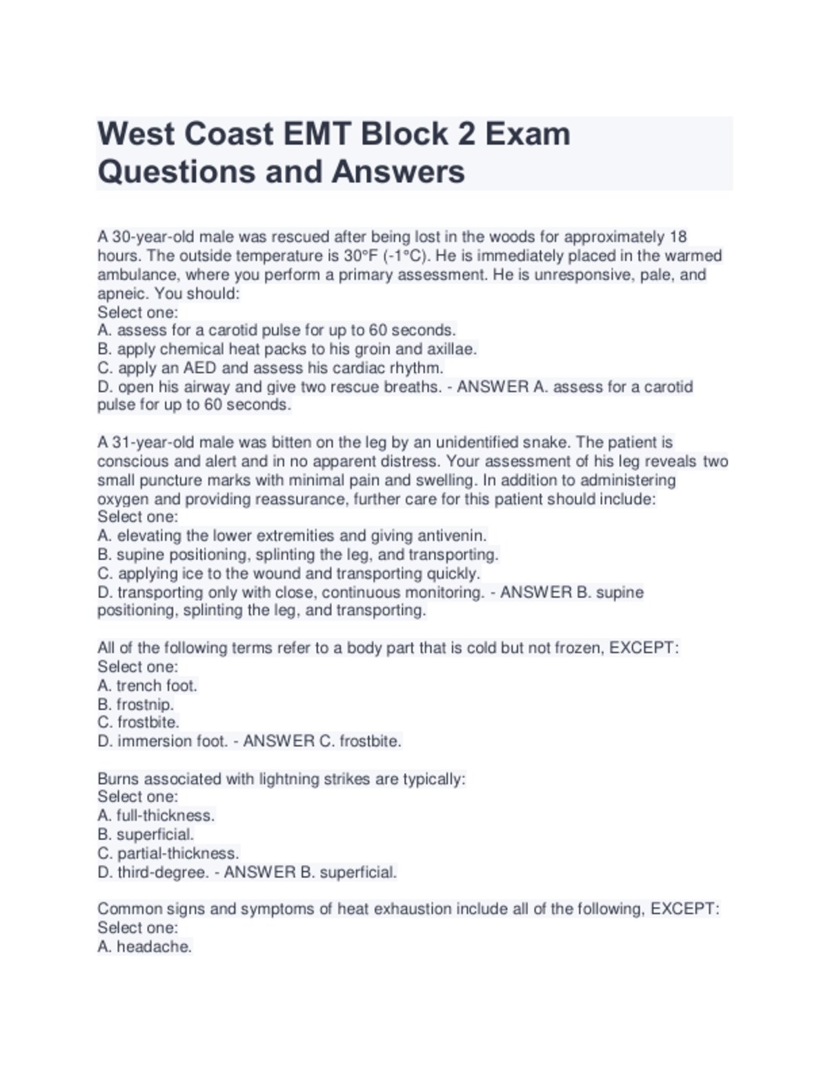 WEST COAST EMT BLOCK 2 REVIEW EXAM ALL QUESTIONS AND ANSWERS SURE A.pdf preview