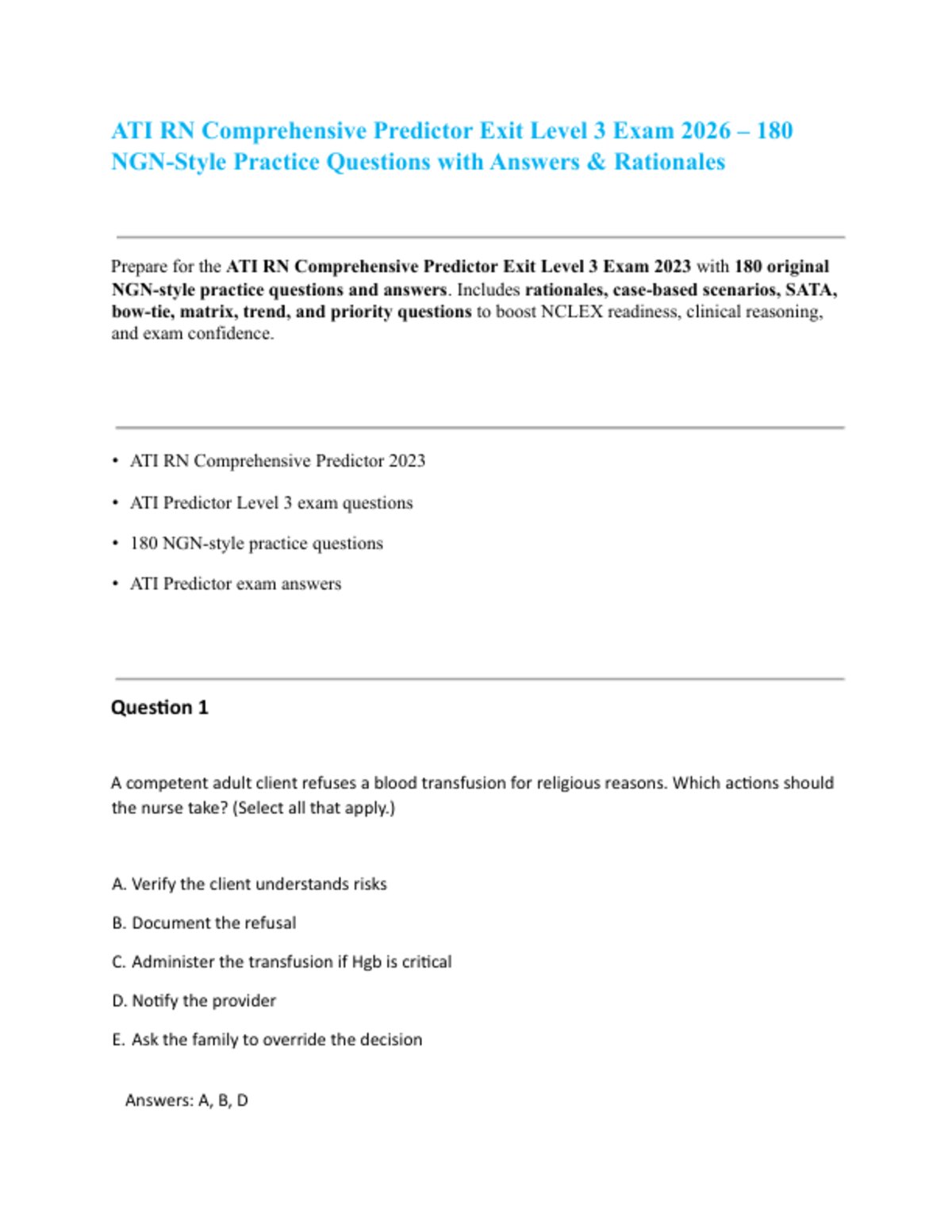 RN Comprehensive Predictor 2026 Exit Exam Actual and Retake Package