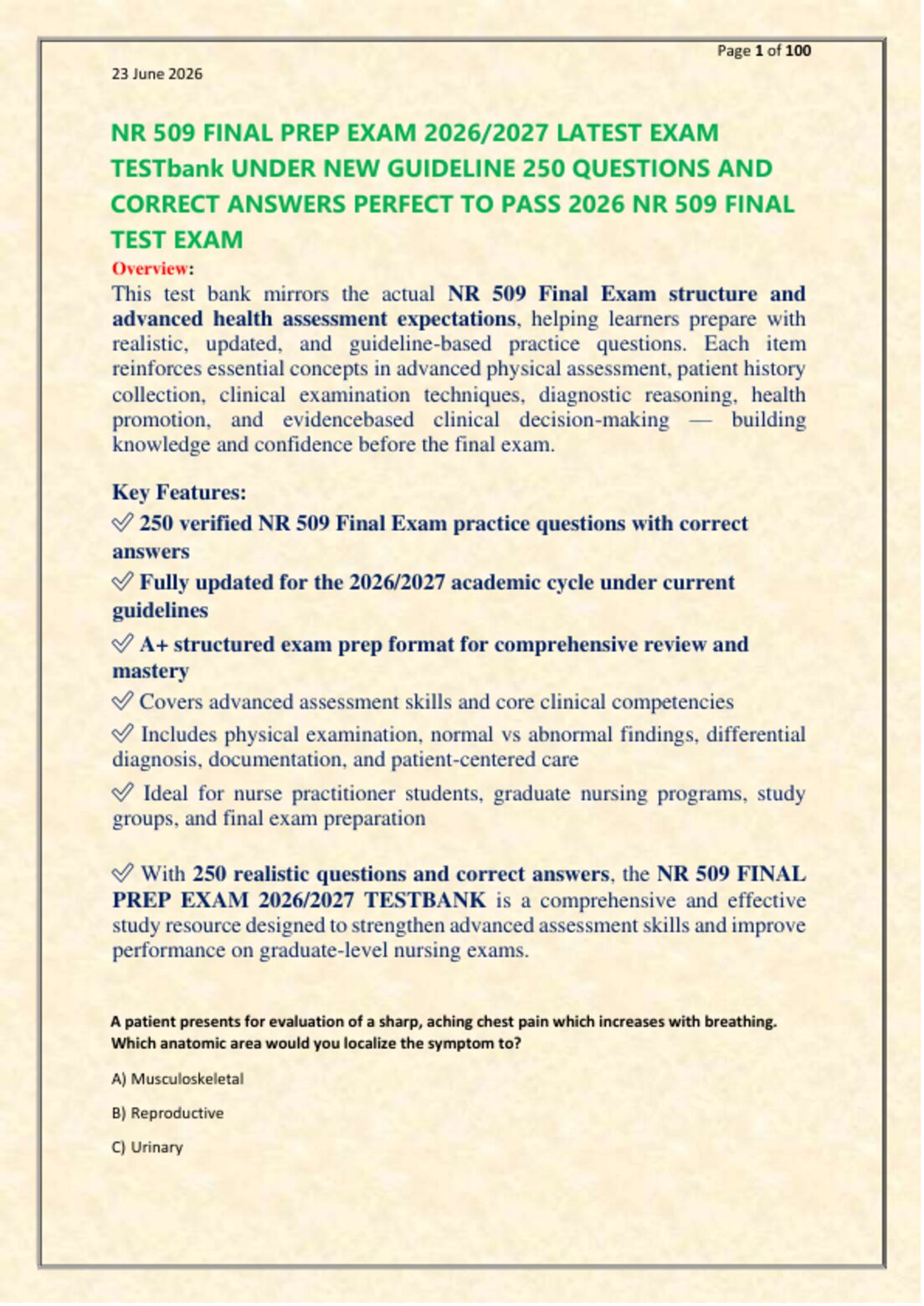 NR 509 FINAL PREP EXAM 2026/2027 LATEST EXAM   TESTbank UNDER NEW GUIDELINE 250 QUESTIONS AND   CORRECT ANSWERS PERFECT TO PASS 2026 NR 509 FINAL   TEST EXAM