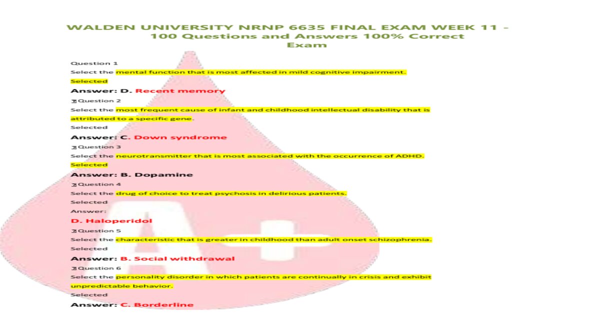 Walden university nrnp 6635 final exam week 11 100 questions and answers 100 correct exam