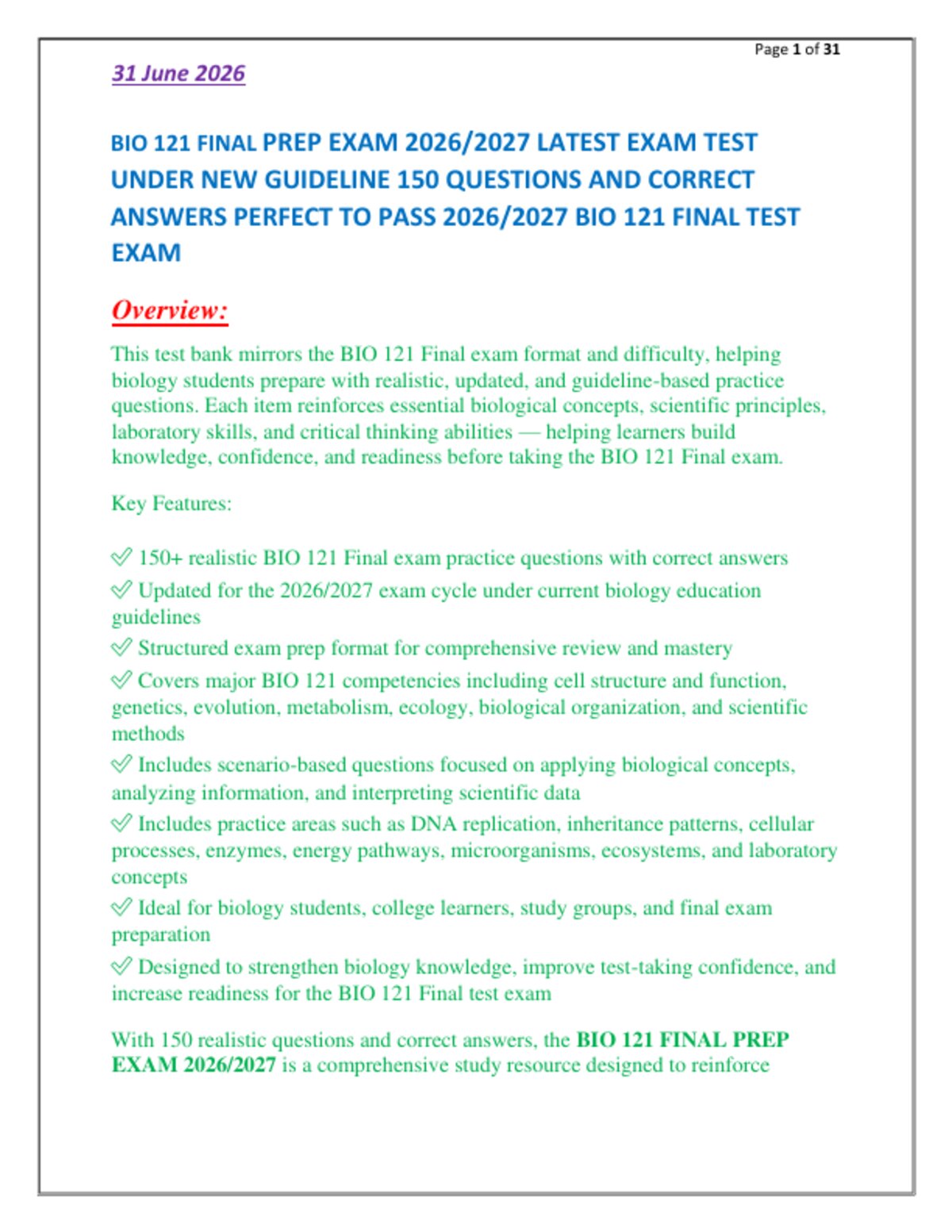 BIO 121 FINAL PREP EXAM 2026/2027 LATEST EXAM TEST   UNDER NEW GUIDELINE 150 QUESTIONS AND CORRECT   ANSWERS PERFECT TO PASS 2026/2027 BIO 121 FINAL TEST  EXAM