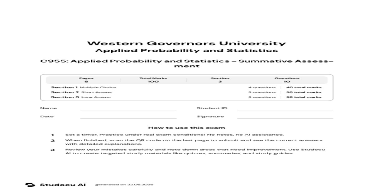 WGU C955 Applied Probability and Statistics Final Exam