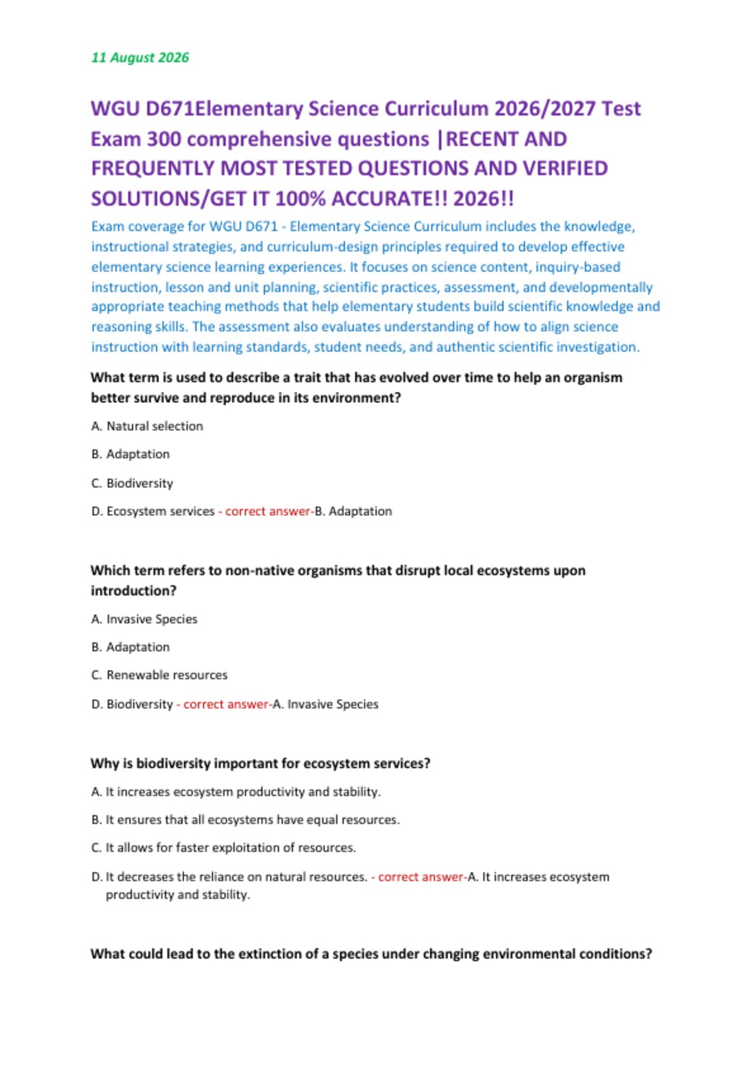 WGU D671Elementary Science Curriculum 2026/2027 Test   Exam 300 comprehensive questions |RECENT AND  FREQUENTLY MOST TESTED QUESTIONS AND VERIFIED  SOLUTIONS/GET IT 100% ACCURATE!! 2026!!