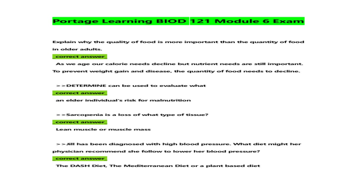 Portage Learning BIOD 121 Module 6 Exam with Verified Answers
