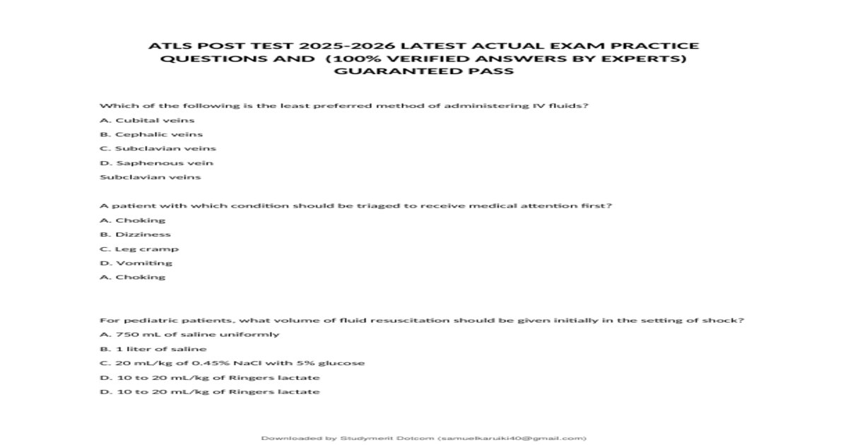 ATLS Post-Test (2025/2026) | 6 Versions (A–F) | 240 Verified Questions and Answers preview