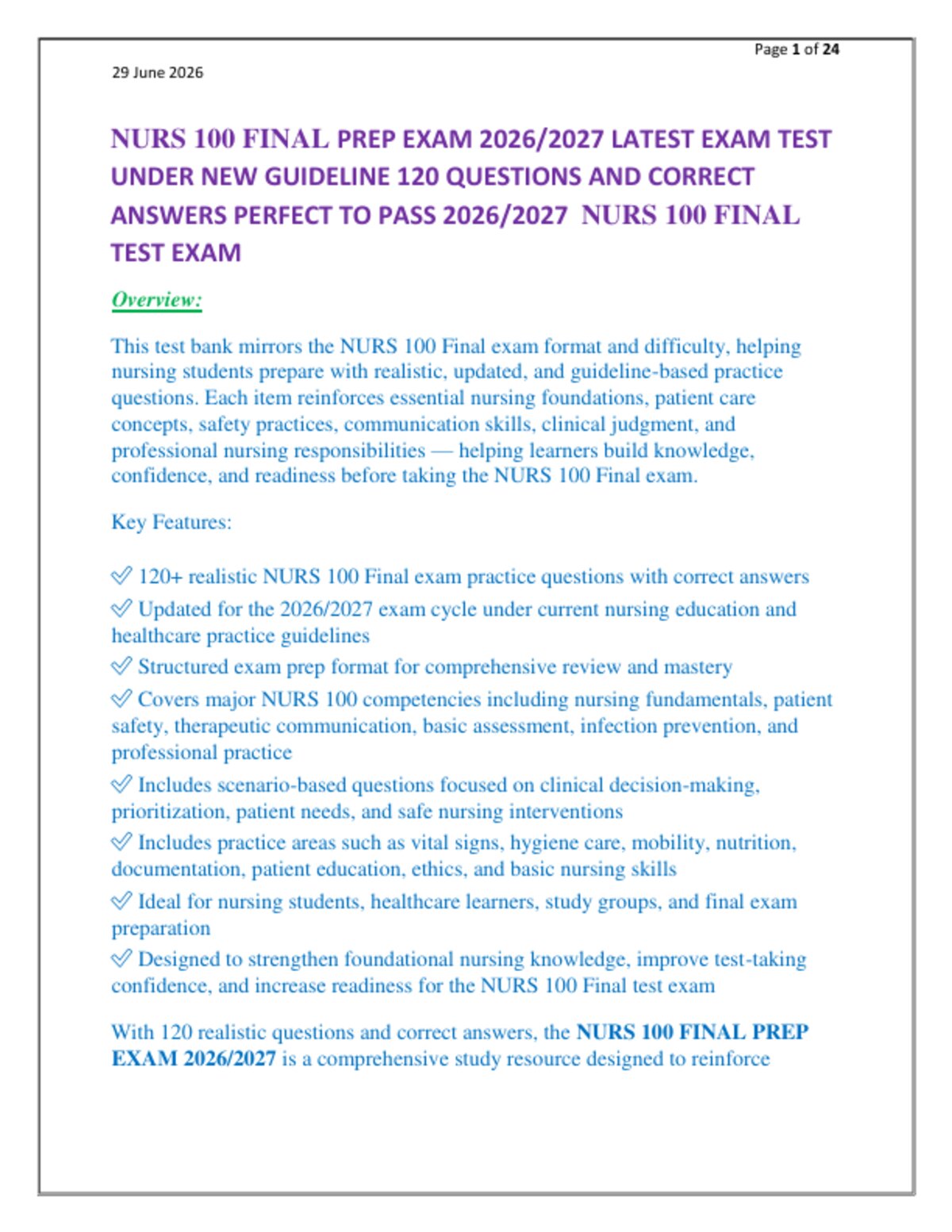 NURS 100 FINAL PREP EXAM 2026/2027 LATEST EXAM TEST   UNDER NEW GUIDELINE 120 QUESTIONS AND CORRECT   ANSWERS PERFECT TO PASS 2026/2027  NURS 100 FINAL   TEST EXAM