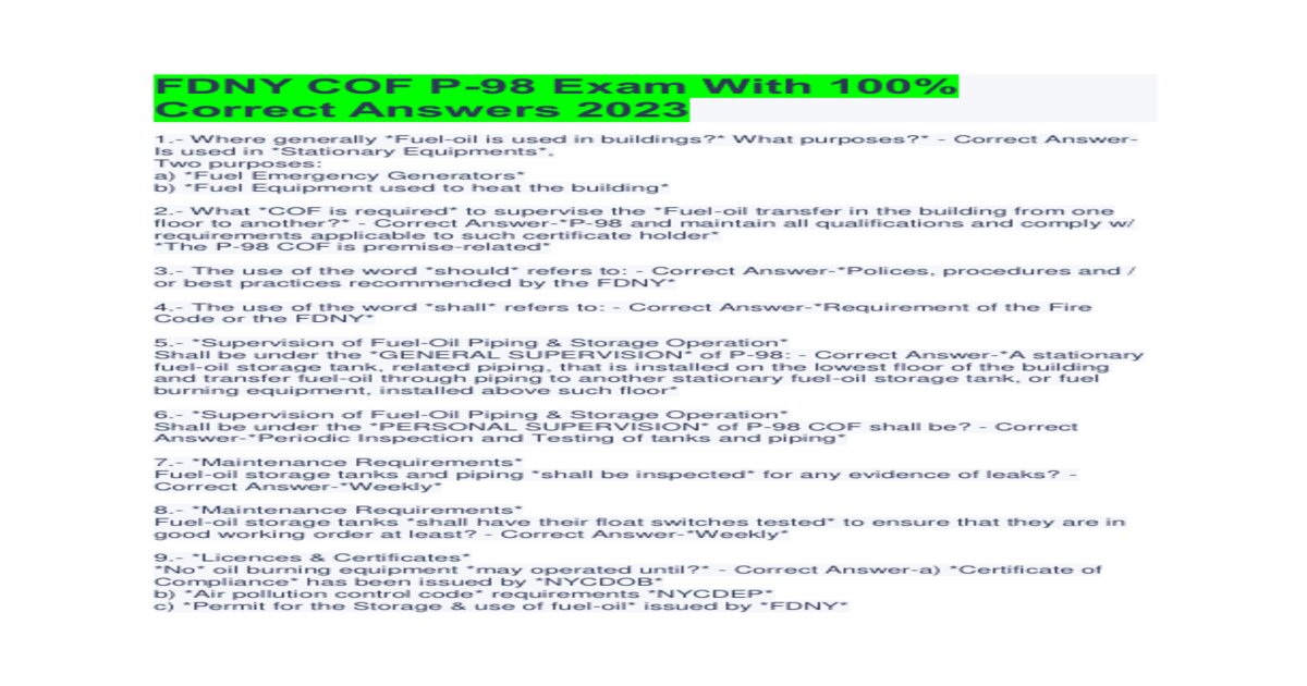 FDNY COF P-98 Exam With 100% Correct Answers 2023