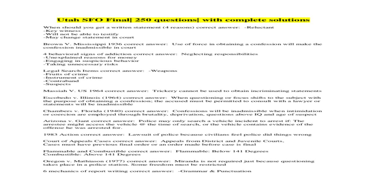 Utah SFO Final| 250 questions| with complete solutions