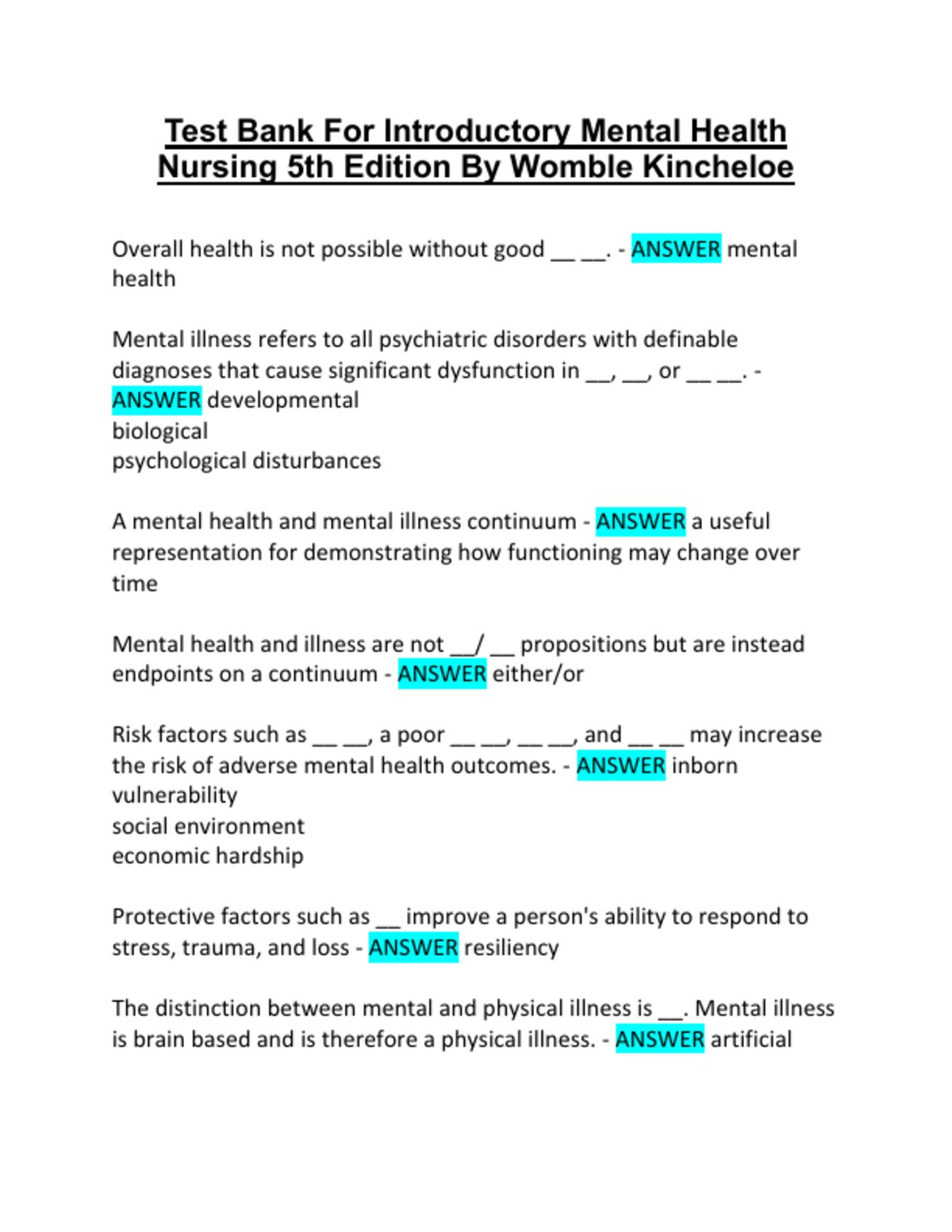 Test Bank - Introductory Mental Health Nursing, 5th Edition (Kincheloe, 2024), Chapter 1-19 | All Chapters preview