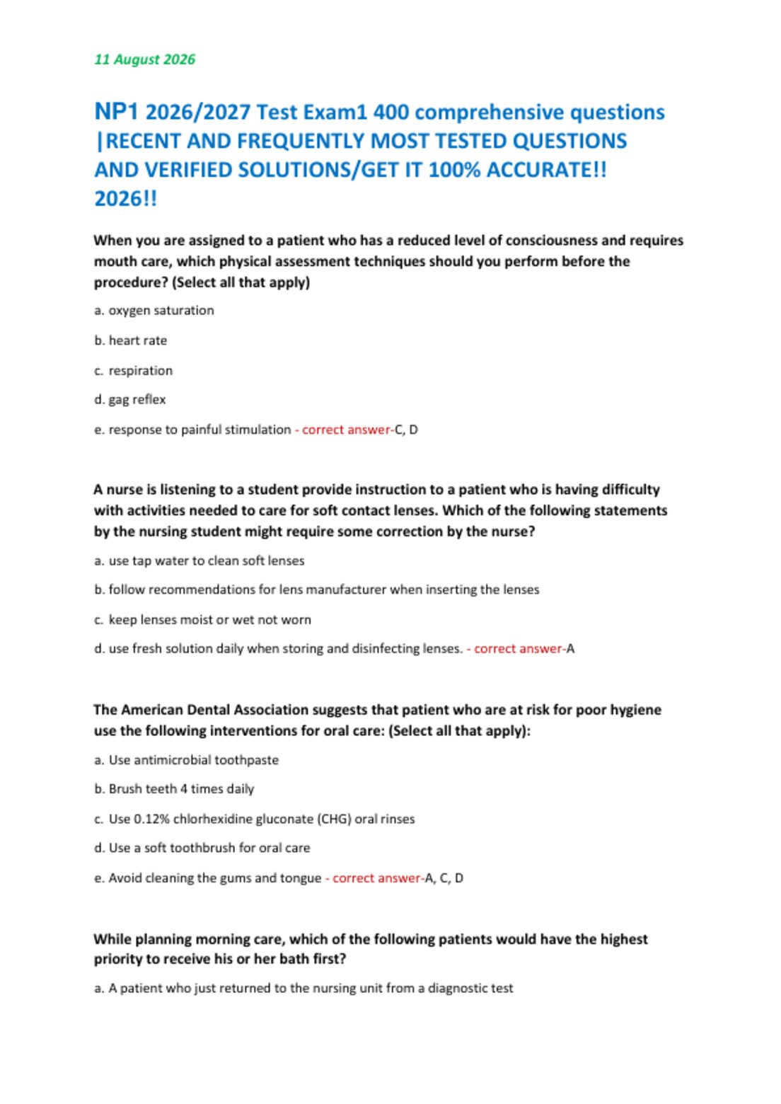 NP1 2026/2027 Test Exam1 400 comprehensive questions  |RECENT AND FREQUENTLY MOST TESTED QUESTIONS  AND VERIFIED SOLUTIONS/GET IT 100% ACCURATE!!  2026!!
