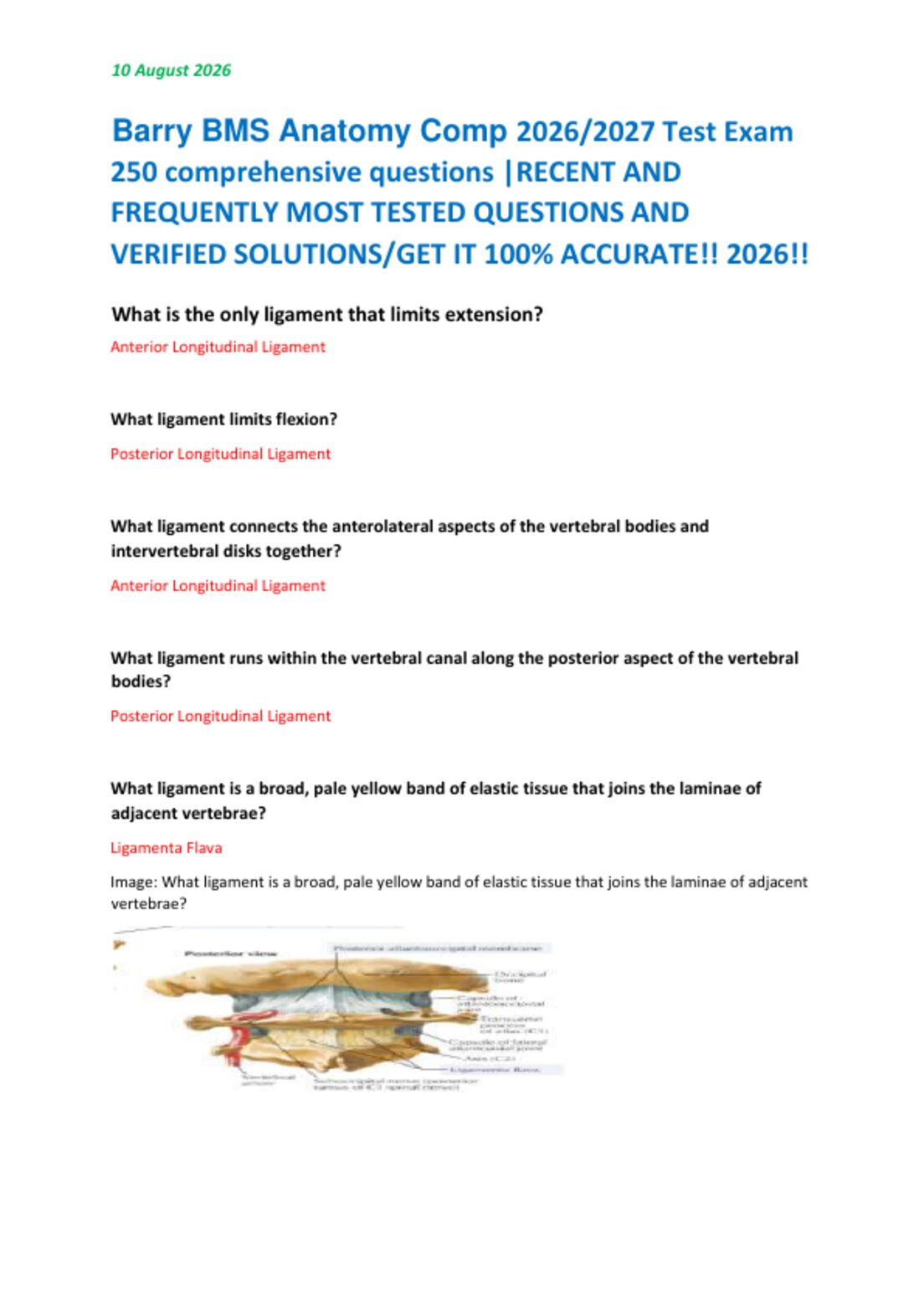 Barry BMS Anatomy Comp 2026/2027 Test Exam   250 comprehensive questions |RECENT AND   FREQUENTLY MOST TESTED QUESTIONS AND   VERIFIED SOLUTIONS/GET IT 100% ACCURATE!! 2026!!