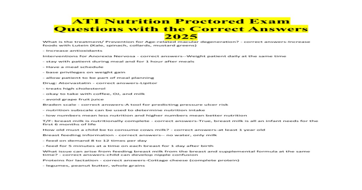 ATI Nutrition Proctored Exam Retake (2023/2025) with NGN Questions and VerifiedAnswers, Guaranteed