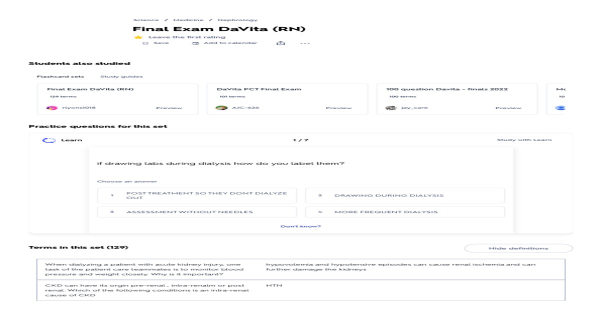 DAVITA (RN) 2026 FINAL UPDATE |ACTUAL EXAM SET QUESTIONS AND VERIFIED ANSWERS (CORRECT SOLUTIONS) | GET IT 100% ACCURATE!