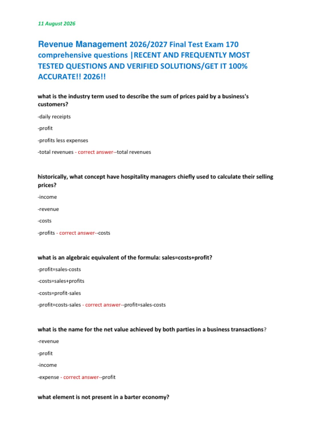 Revenue Management 2026/2027 Final Test Exam 170  comprehensive questions |RECENT AND FREQUENTLY MOST  TESTED QUESTIONS AND VERIFIED SOLUTIONS/GET IT 100%  ACCURATE!! 2026!!