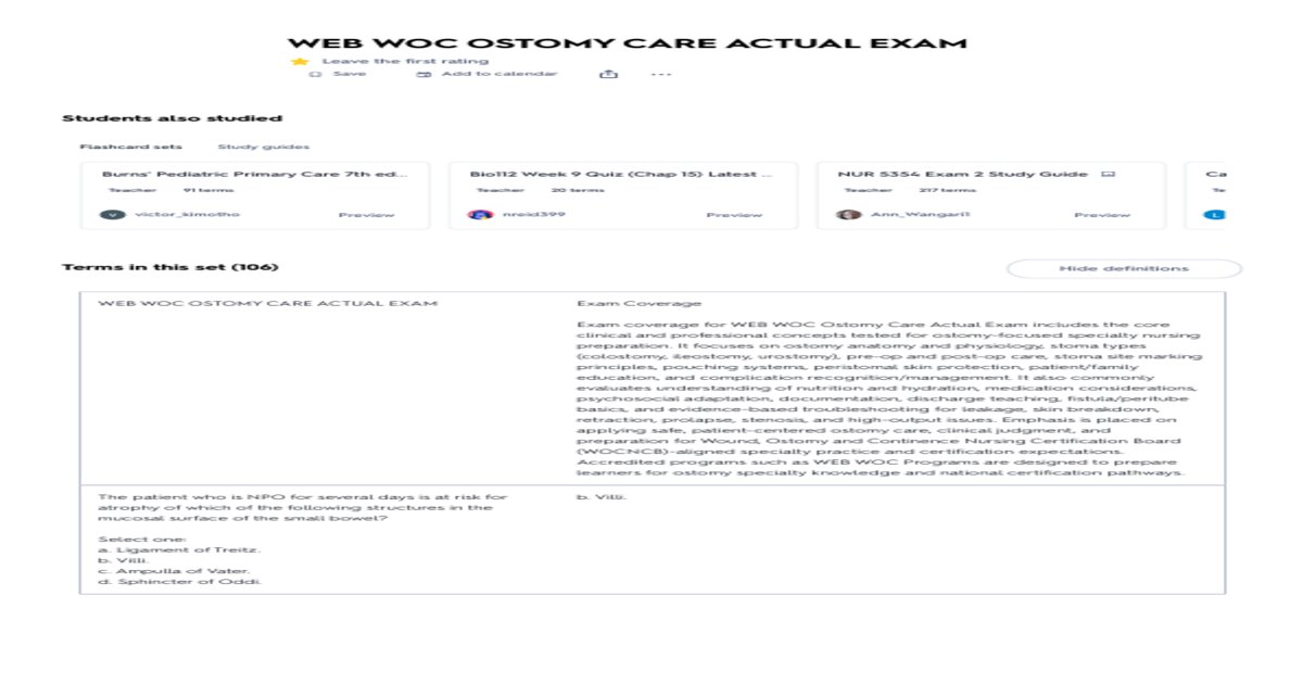 WEB WOC OSTOMY CARE Final Exam Newest Exam Preparation With Complete Questions