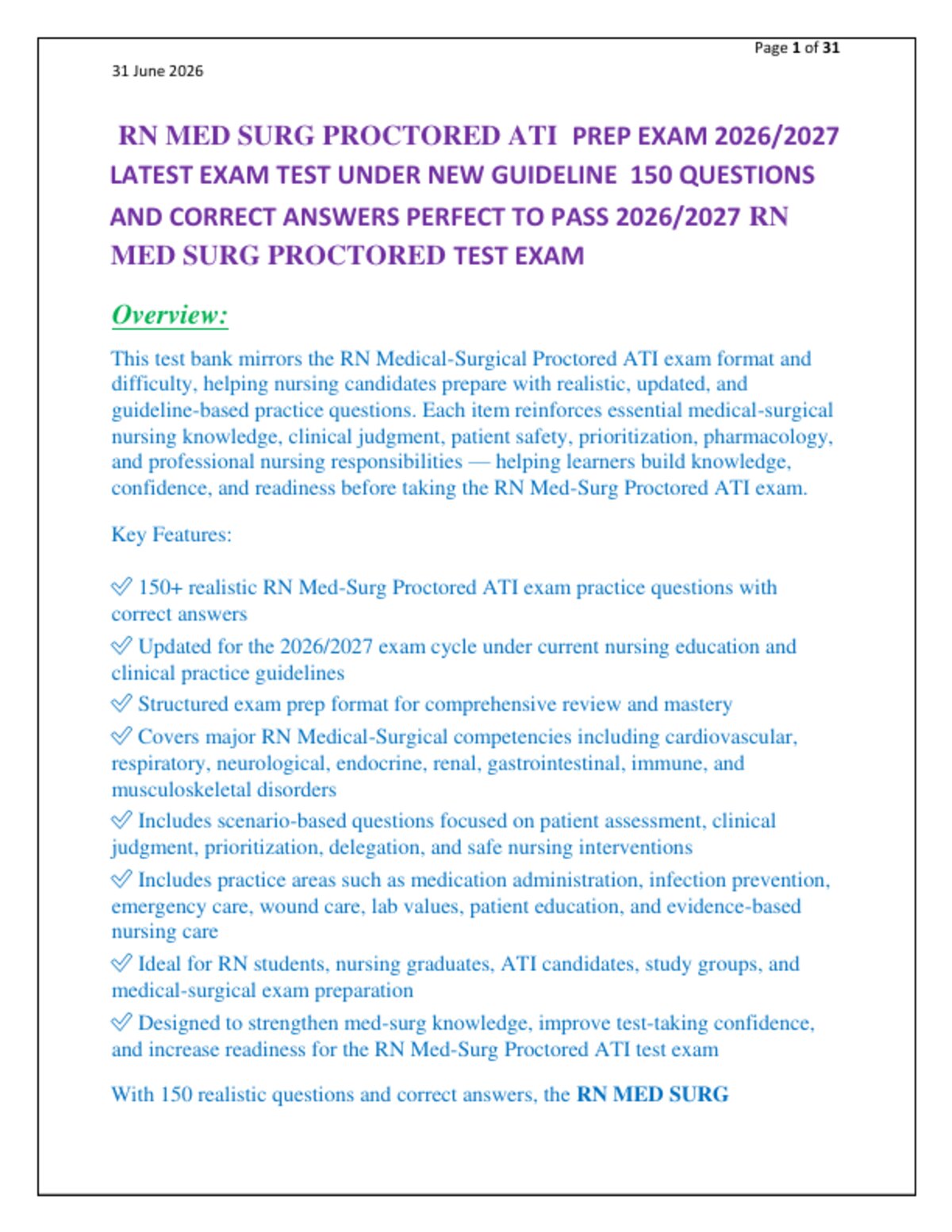 RN MED SURG PROCTORED ATI  PREP EXAM 2026/2027   LATEST EXAM TEST UNDER NEW GUIDELINE  150 QUESTIONS   AND CORRECT ANSWERS PERFECT TO PASS 2026/2027 RN  MED SURG PROCTORED TEST EXAM