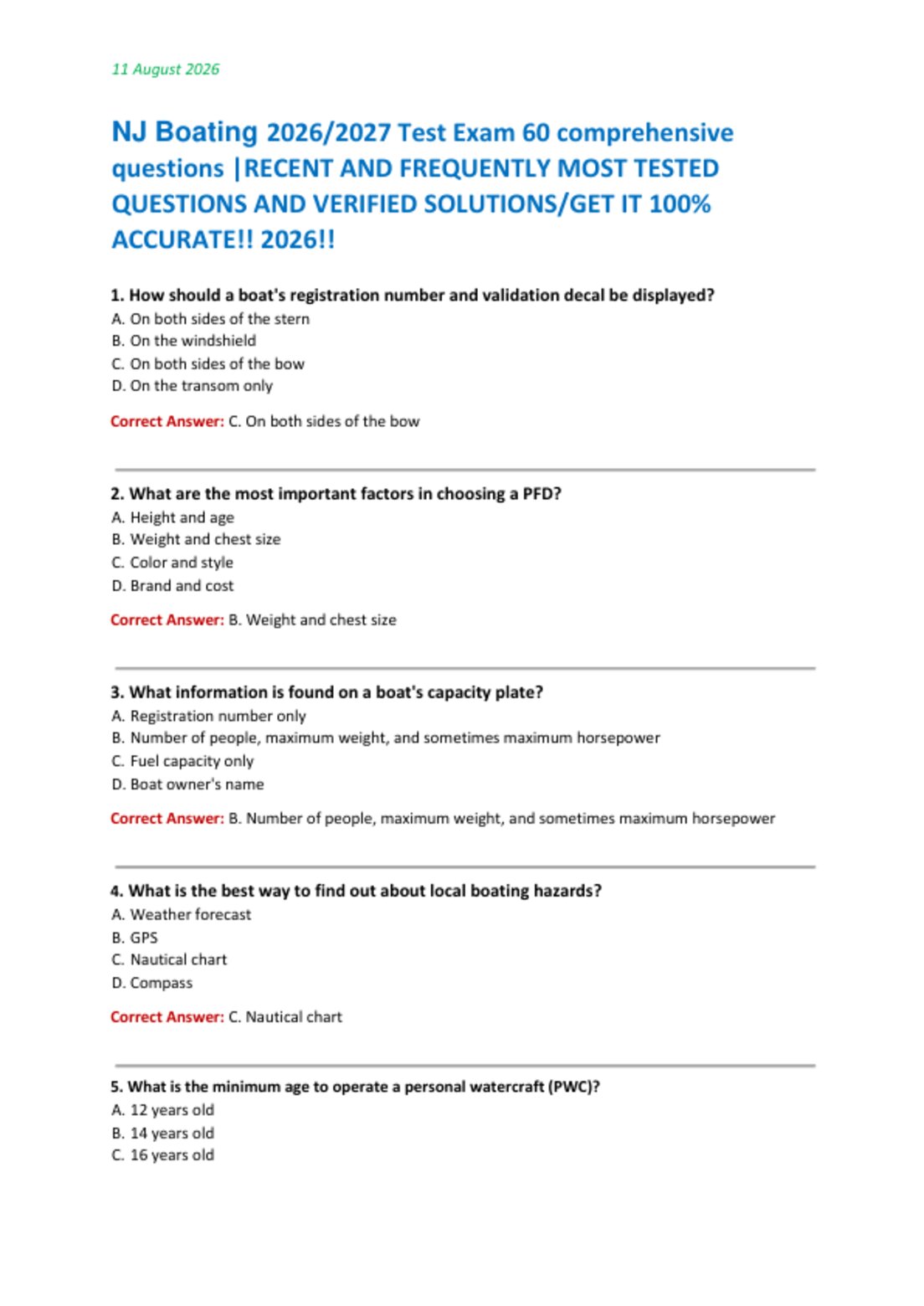 NJ Boating 2026/2027 Test Exam 60 comprehensive  questions |RECENT AND FREQUENTLY MOST TESTED  QUESTIONS AND VERIFIED SOLUTIONS/GET IT 100%  ACCURATE!! 2026!!