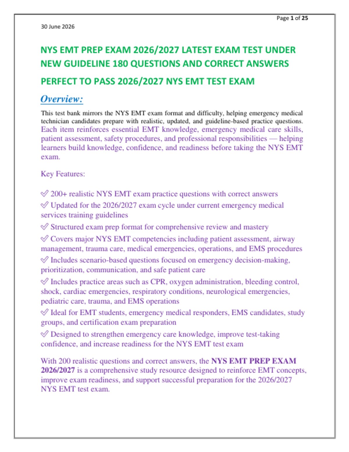 NYS EMT PREP EXAM 2026/2027 LATEST EXAM TEST UNDER   NEW GUIDELINE 180 QUESTIONS AND CORRECT ANSWERS  PERFECT TO PASS 2026/2027 NYS EMT TEST EXAM
