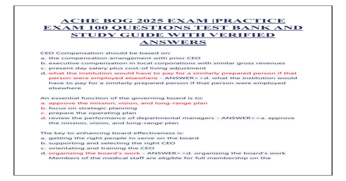 Ache bog 2025 exam practice exam 100 questions test bank and study guide with verified answers