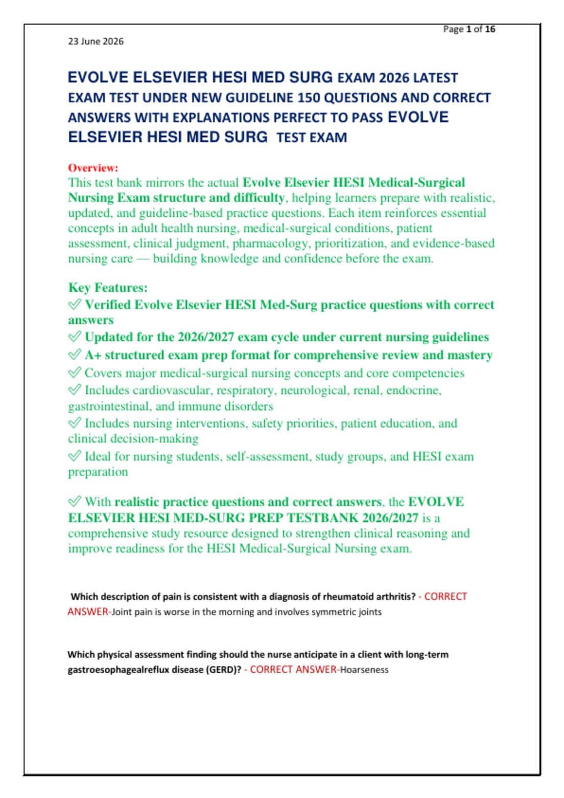 EVOLVE ELSEVIER HESI MED SURG EXAM 2026 LATEST  EXAM TEST UNDER NEW GUIDELINE 150 QUESTIONS AND CORRECT  ANSWERS WITH EXPLANATIONS PERFECT TO PASS EVOLVE  ELSEVIER HESI MED SURG  TEST EXAM