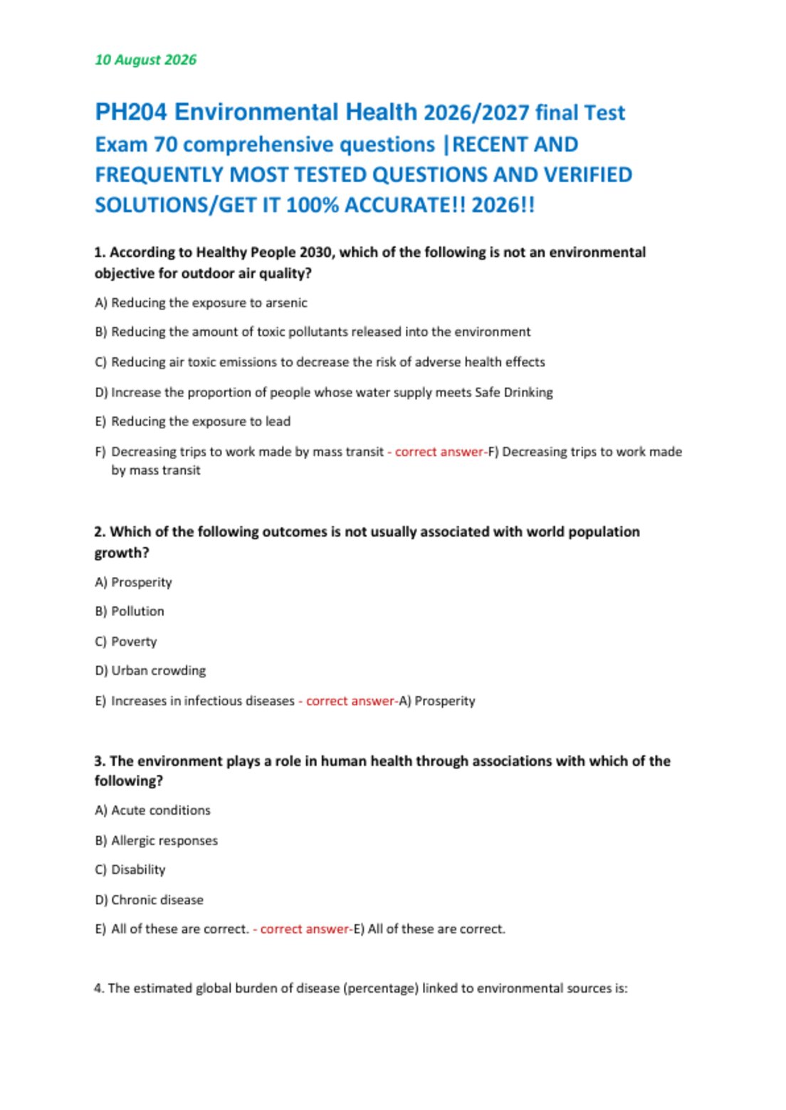 PH204 Environmental Health 2026/2027 final Test   Exam 70 comprehensive questions |RECENT AND  FREQUENTLY MOST TESTED QUESTIONS AND VERIFIED  SOLUTIONS/GET IT 100% ACCURATE!! 2026!!