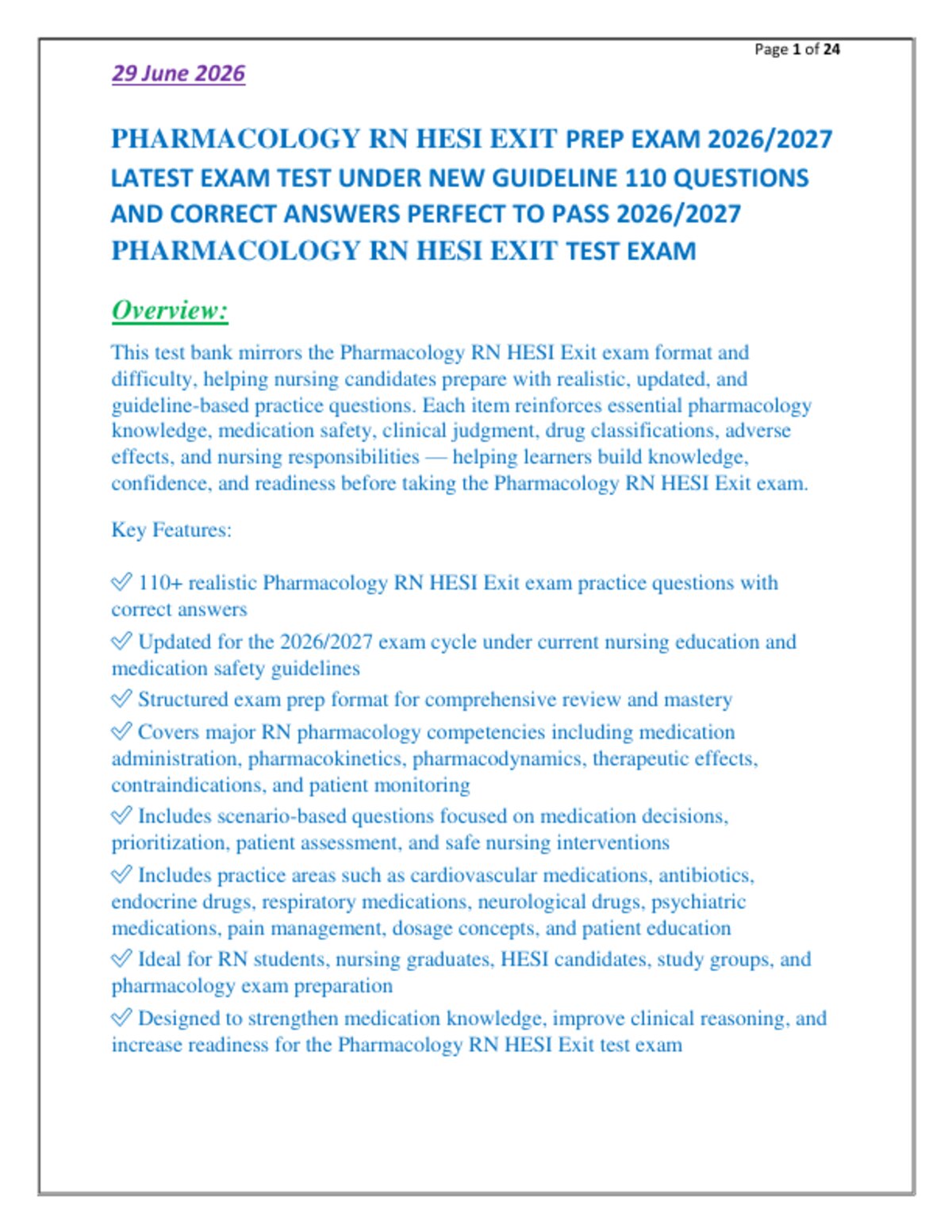PHARMACOLOGY RN HESI EXIT PREP EXAM 2026/2027   LATEST EXAM TEST UNDER NEW GUIDELINE 110 QUESTIONS   AND CORRECT ANSWERS PERFECT TO PASS 2026/2027   PHARMACOLOGY RN HESI EXIT TEST EXAM